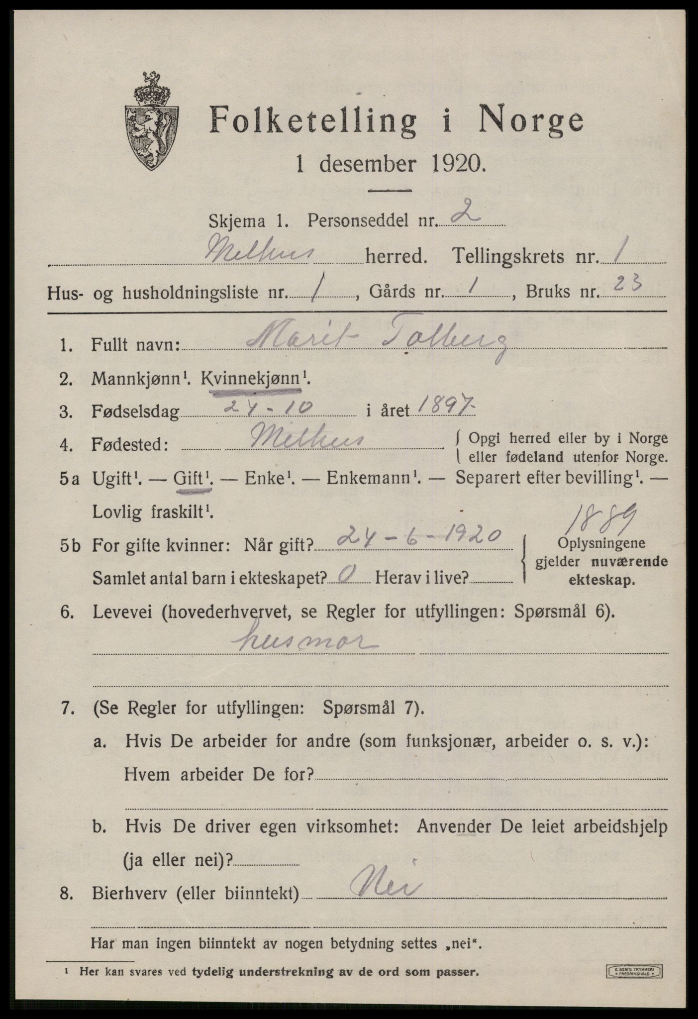 SAT, 1920 census for Melhus, 1920, p. 963