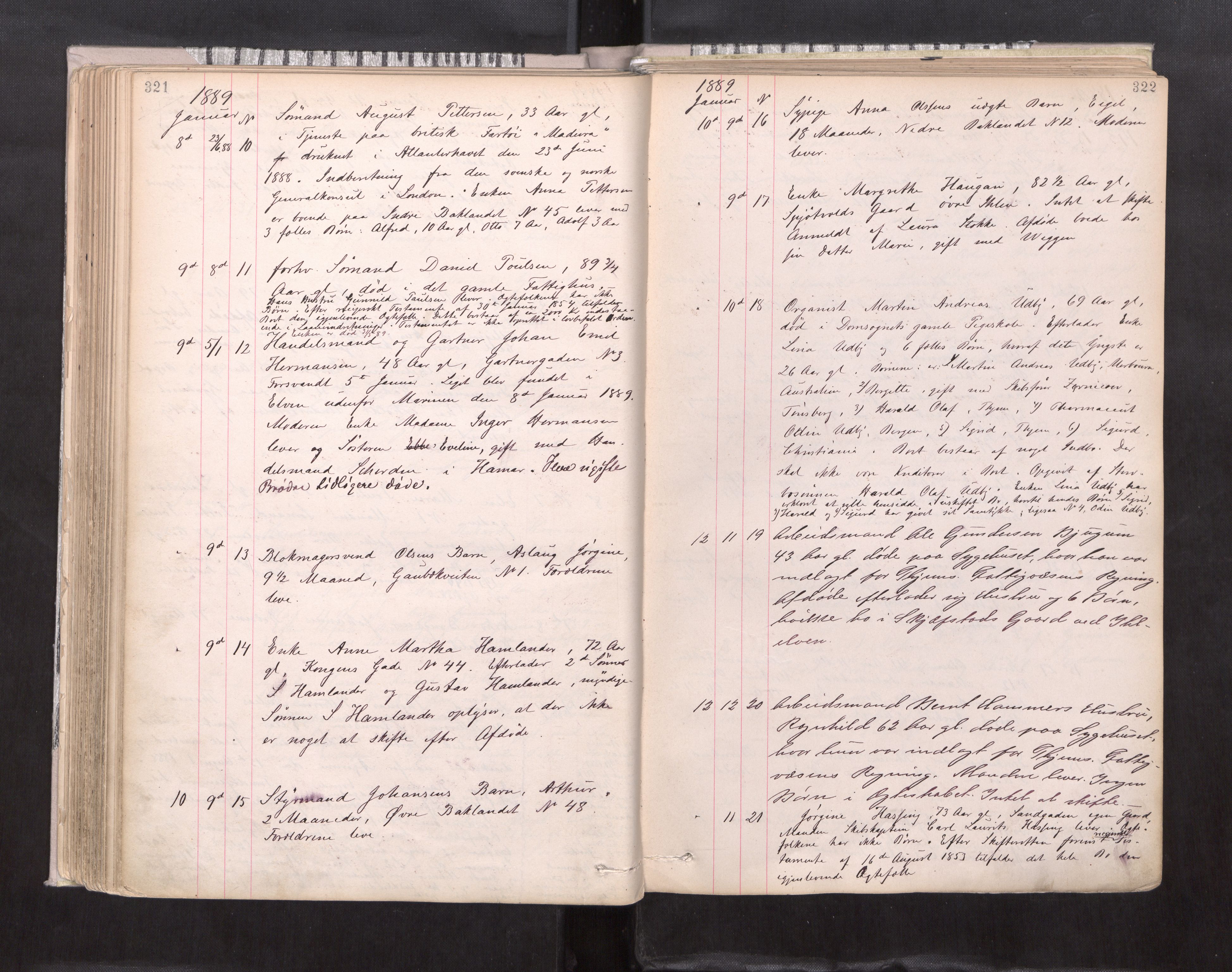 Trondheim byfogd, AV/SAT-A-0003/1/3/3L/L0003: Dødsanmeldelsesprotokoll, 1884-1891, p. 321-322