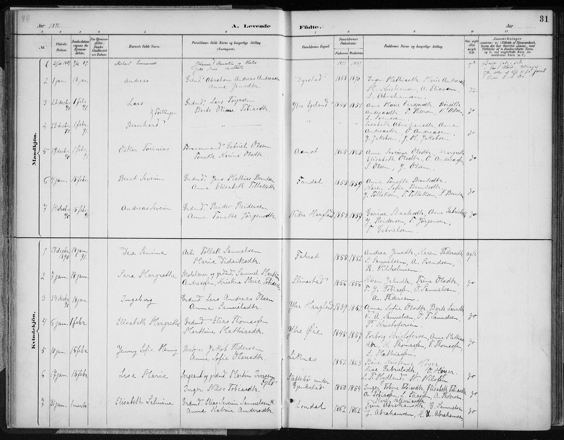 Kvinesdal sokneprestkontor, AV/SAK-1111-0026/F/Fa/Fab/L0008: Parish register (official) no. A 8, 1886-1897, p. 31