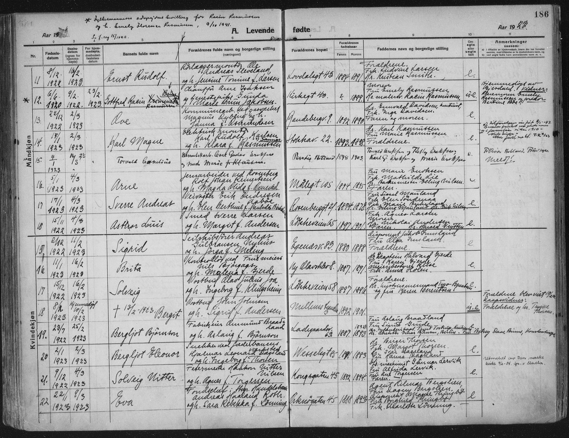 Domkirken sokneprestkontor, AV/SAST-A-101812/002/A/L0018: Parish register (official) no. A 34, 1915-1929, p. 186