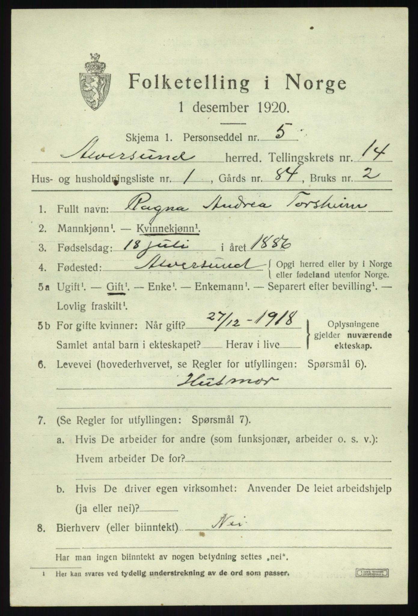 SAB, 1920 census for Alversund, 1920, p. 7676