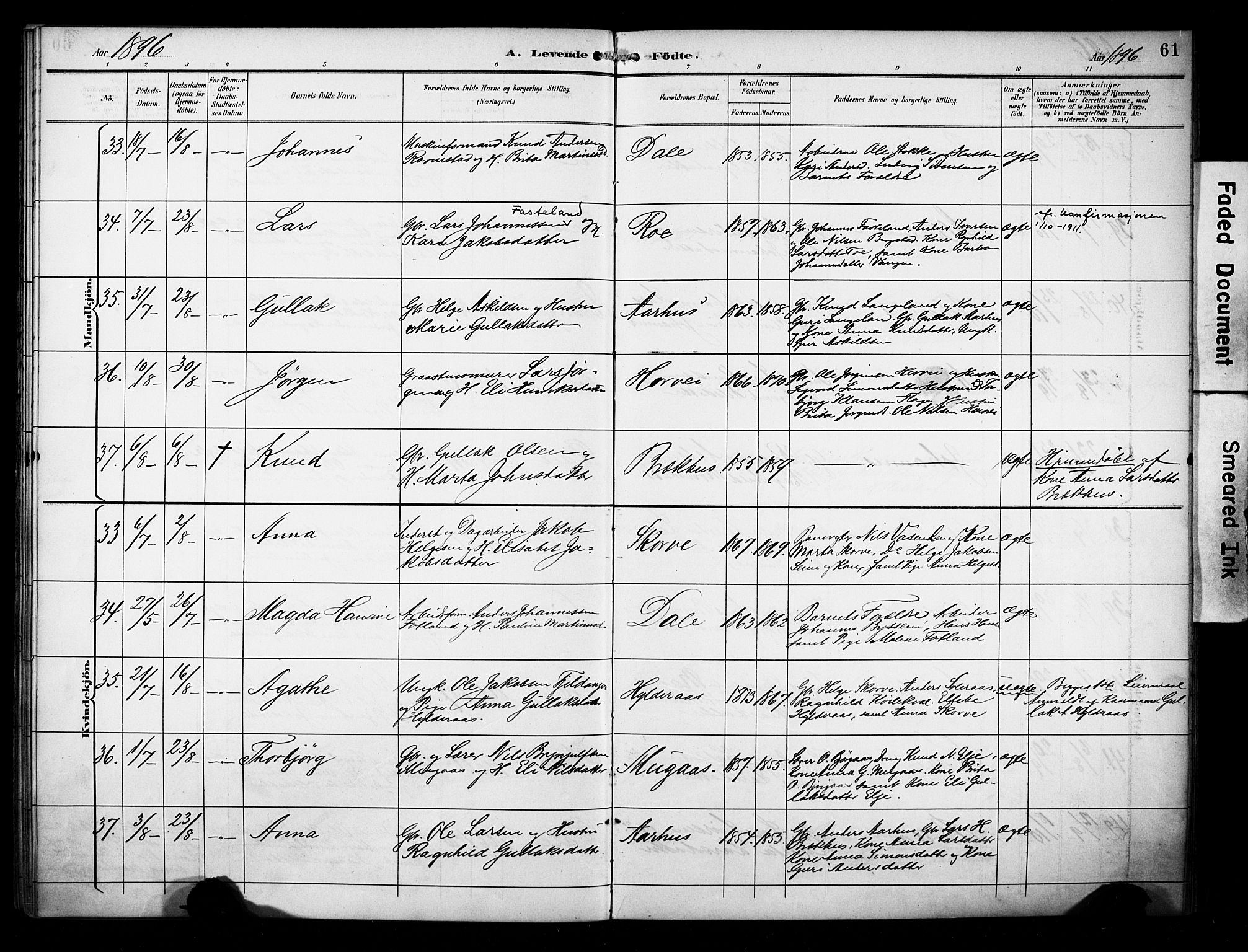 Evanger sokneprestembete, AV/SAB-A-99924: Parish register (official) no. A 2, 1892-1899, p. 61