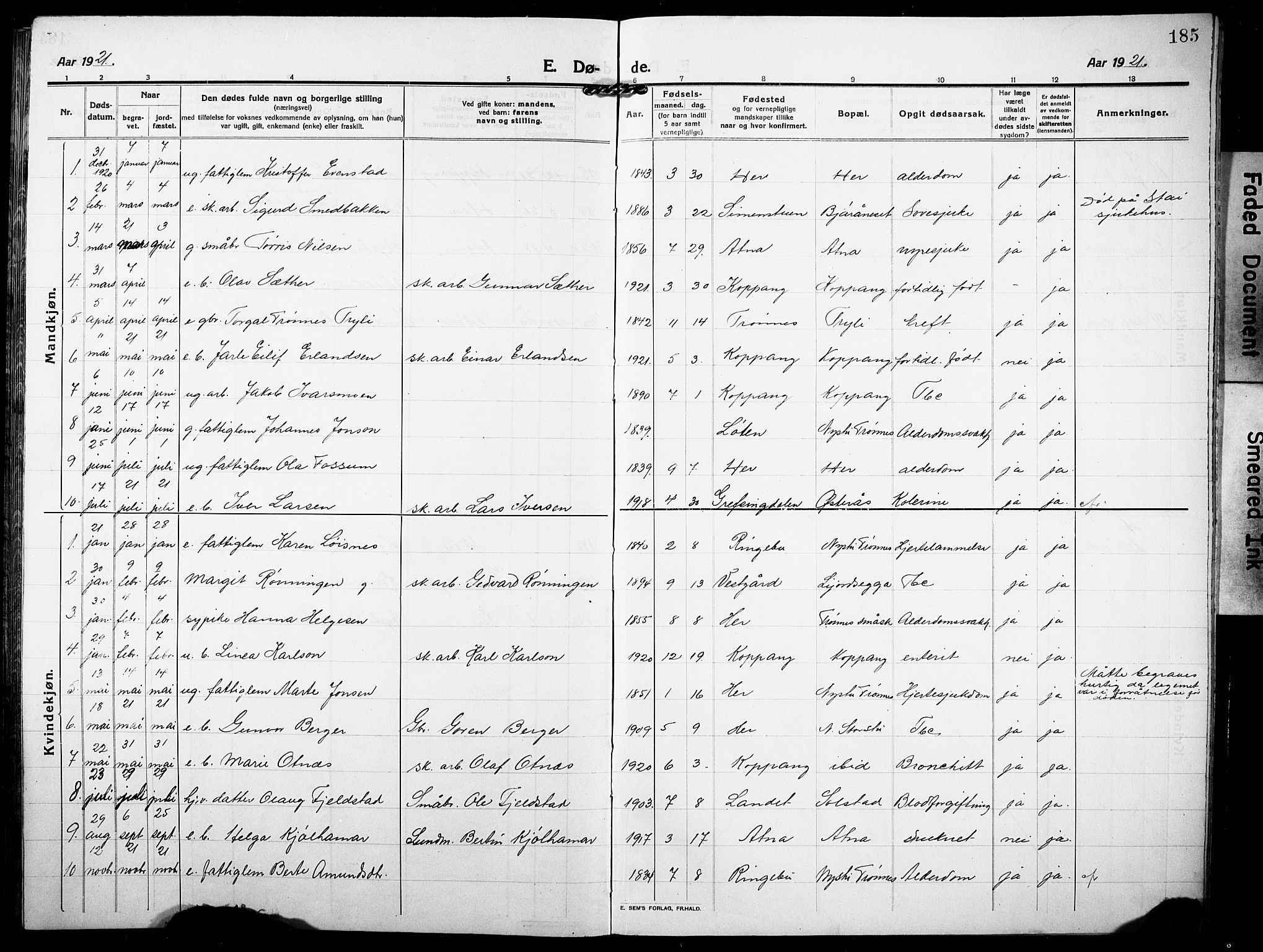 Stor-Elvdal prestekontor, AV/SAH-PREST-052/H/Ha/Hab/L0005: Parish register (copy) no. 5, 1913-1932, p. 185