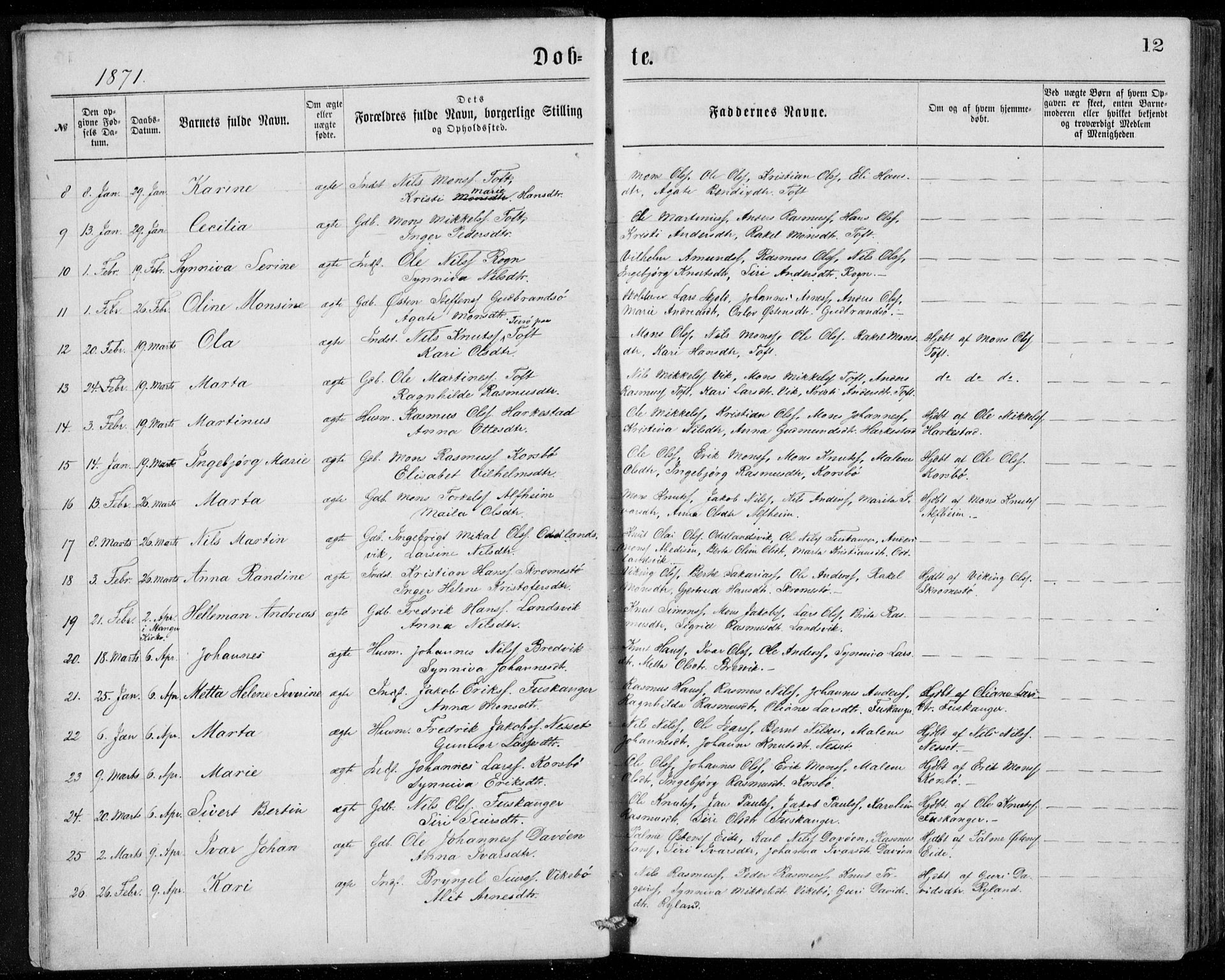 Herdla Sokneprestembete, SAB/A-75701/H/Haa: Parish register (official) no. A 2, 1869-1877, p. 12