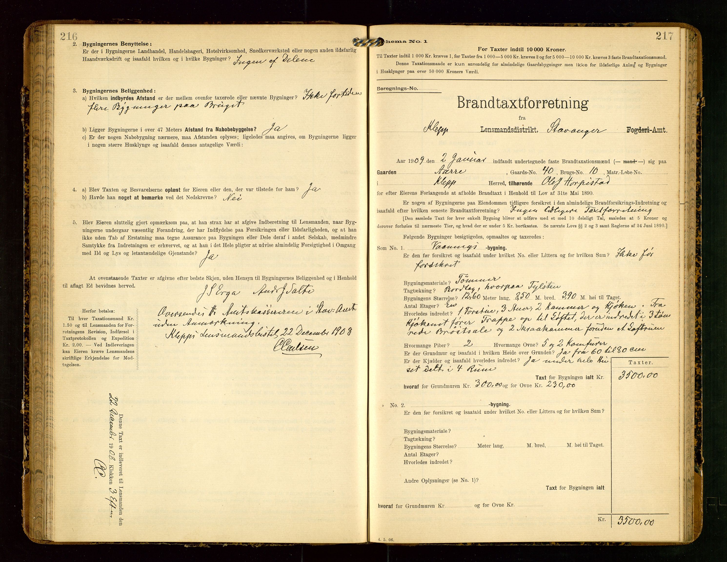 Klepp lensmannskontor, SAST/A-100163/Goc/L0004: "Brandtaxationsprotokol" m/register, 1906-1908, p. 216-217
