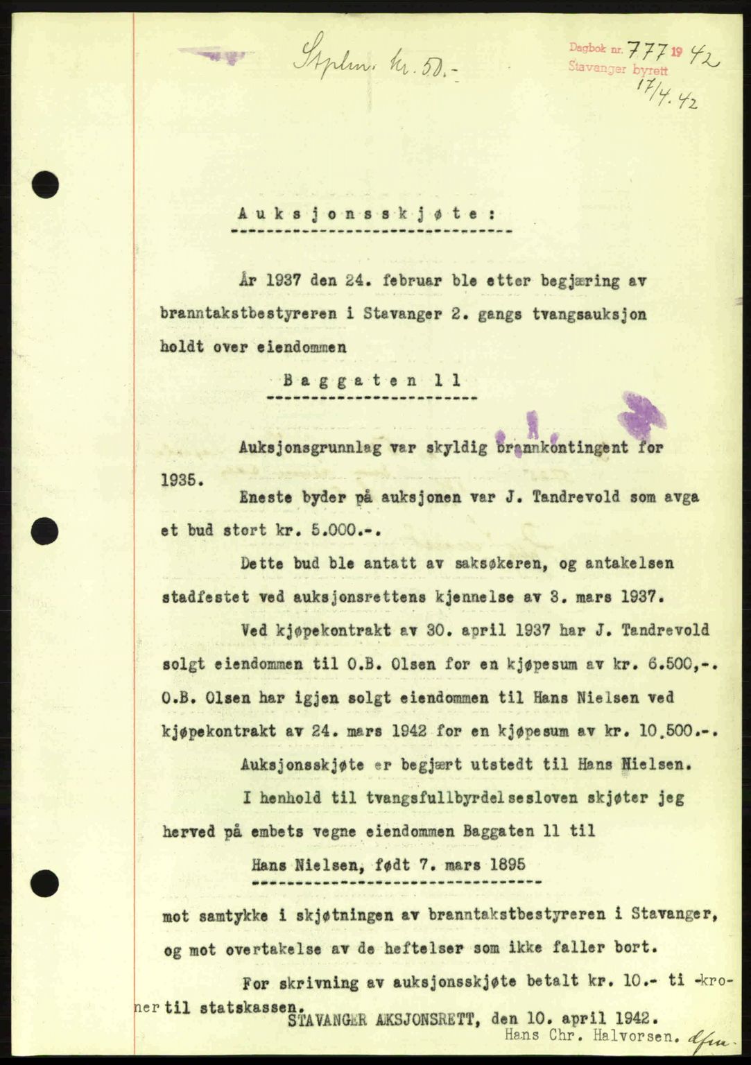 Stavanger byrett, SAST/A-100455/002/G/Gb/L0017: Mortgage book no. A7, 1941-1943, Diary no: : 777/1942