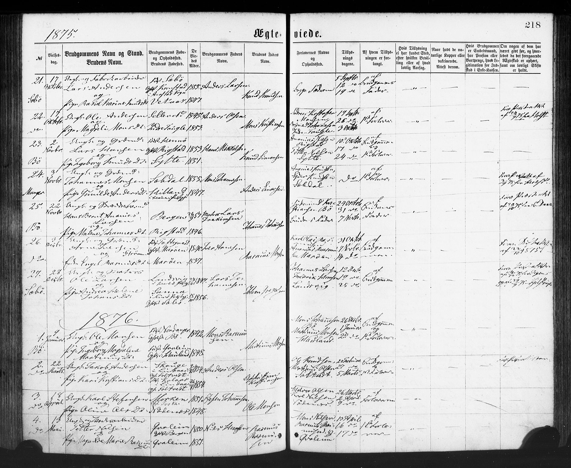 Manger sokneprestembete, AV/SAB-A-76801/H/Haa: Parish register (official) no. A 8, 1871-1880, p. 218