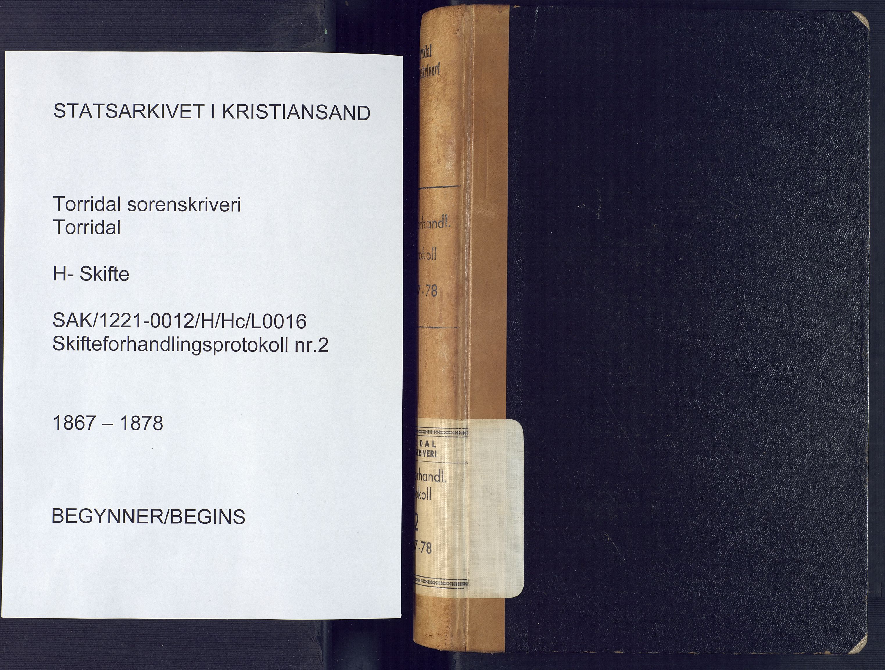 Torridal sorenskriveri, SAK/1221-0012/H/Hc/L0016: Skifteforhandlingsprotokoll med navneregister nr. 2, 1867-1878