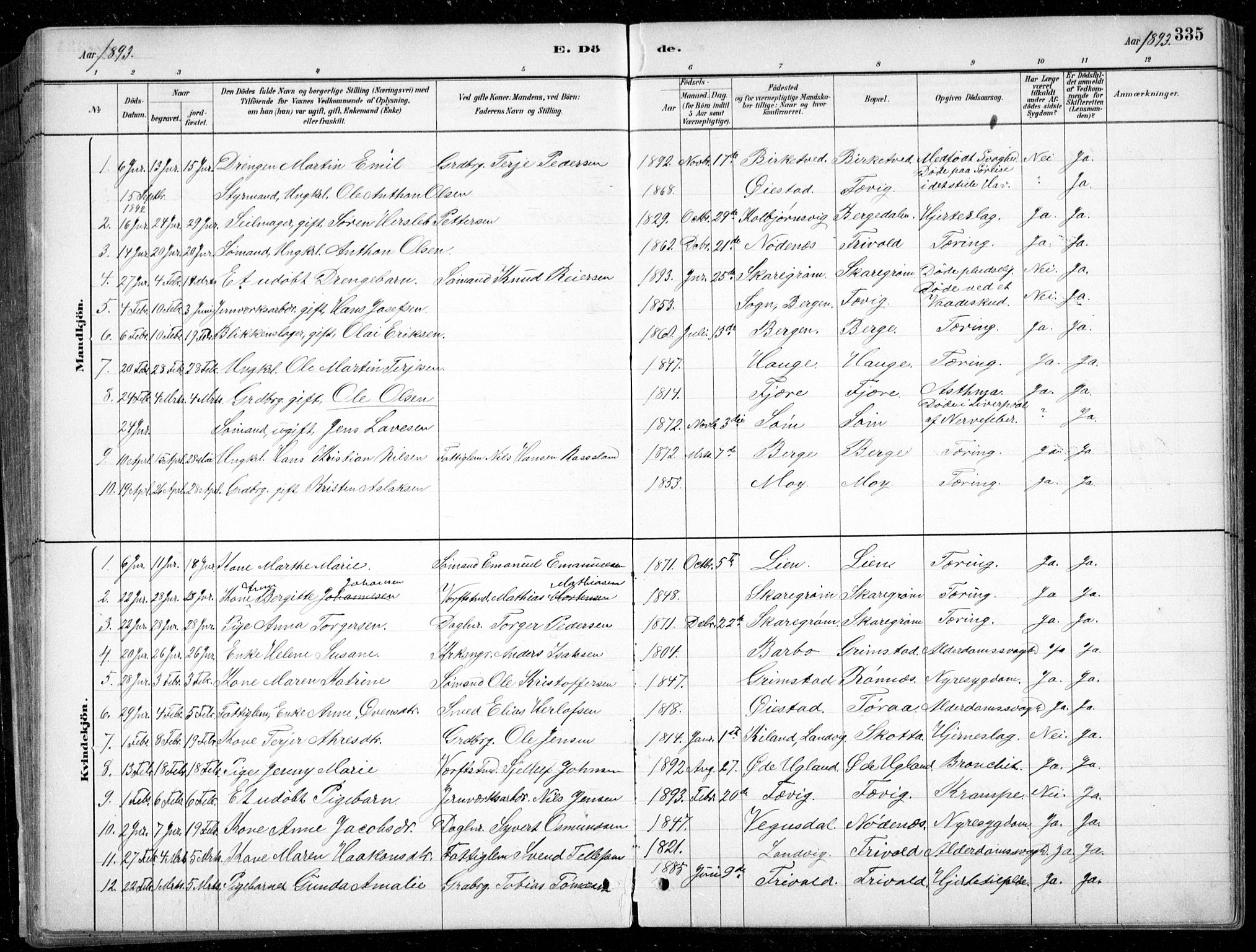 Fjære sokneprestkontor, SAK/1111-0011/F/Fb/L0011: Parish register (copy) no. B 11, 1881-1905, p. 335