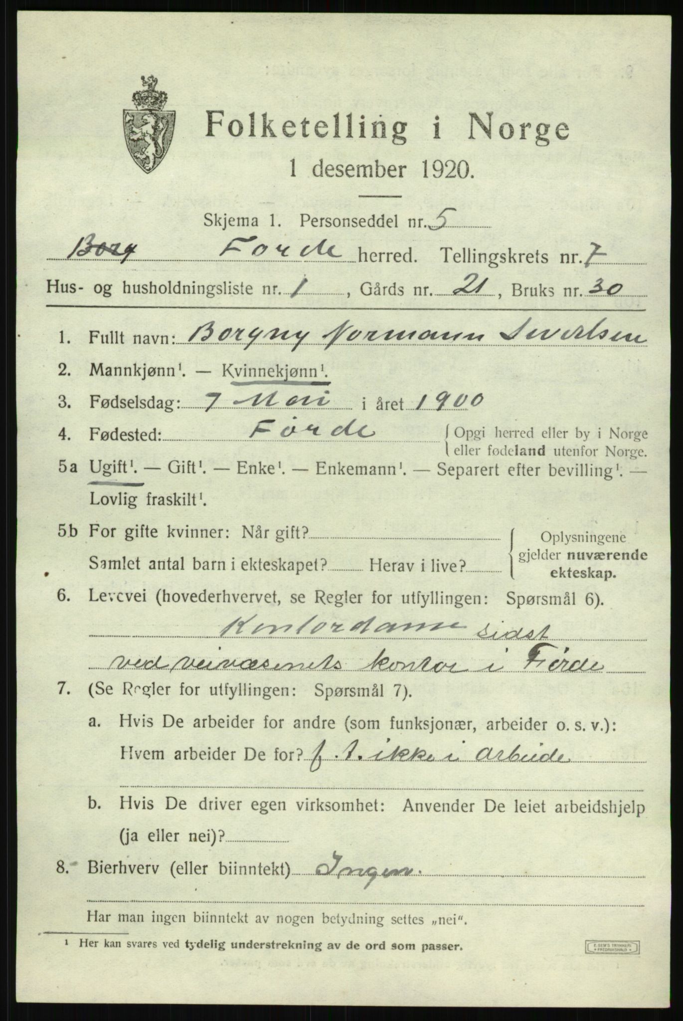 SAB, 1920 census for Førde, 1920, p. 2416