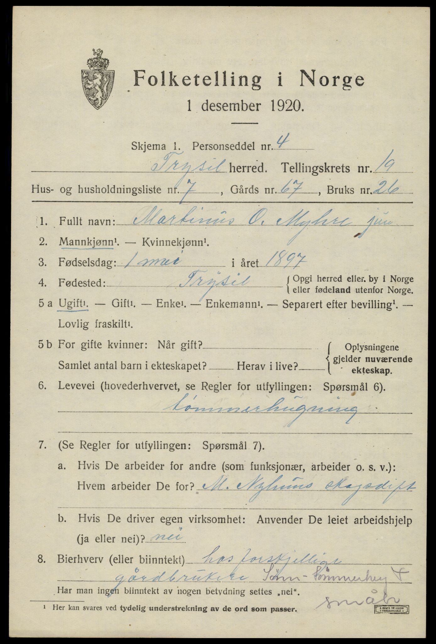 SAH, 1920 census for Trysil, 1920, p. 12799