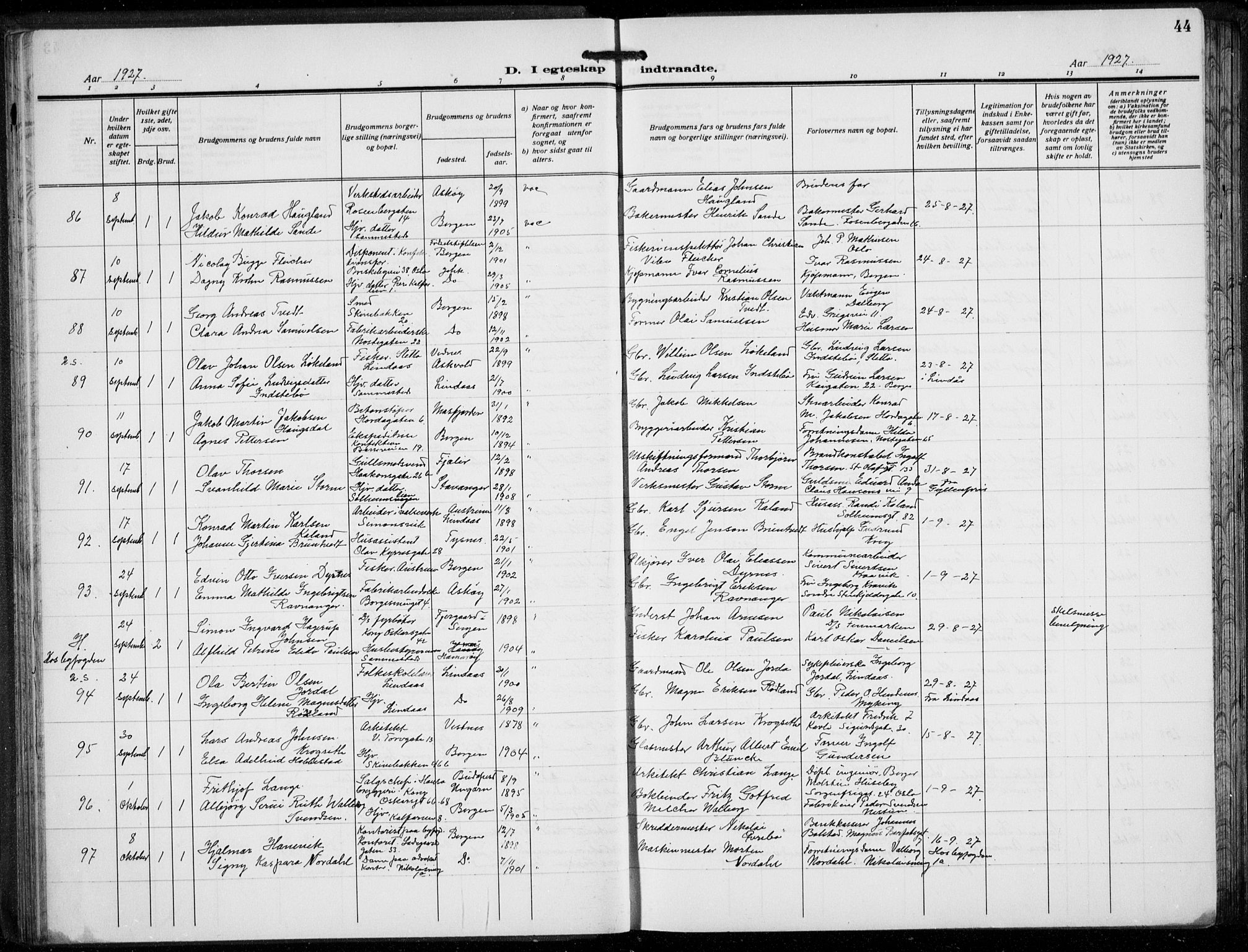 Domkirken sokneprestembete, AV/SAB-A-74801/H/Hab/L0034: Parish register (copy) no. D 6, 1924-1941, p. 44