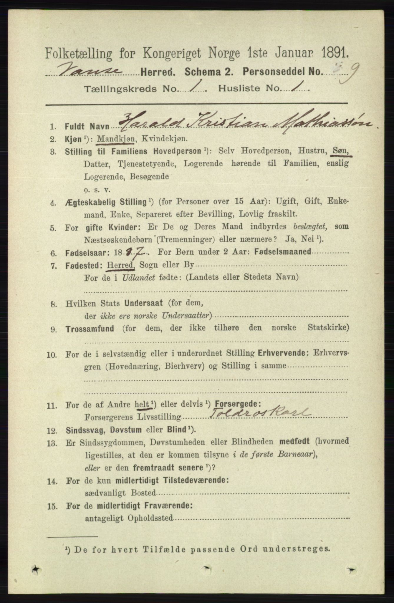 RA, 1891 census for 1041 Vanse, 1891, p. 137