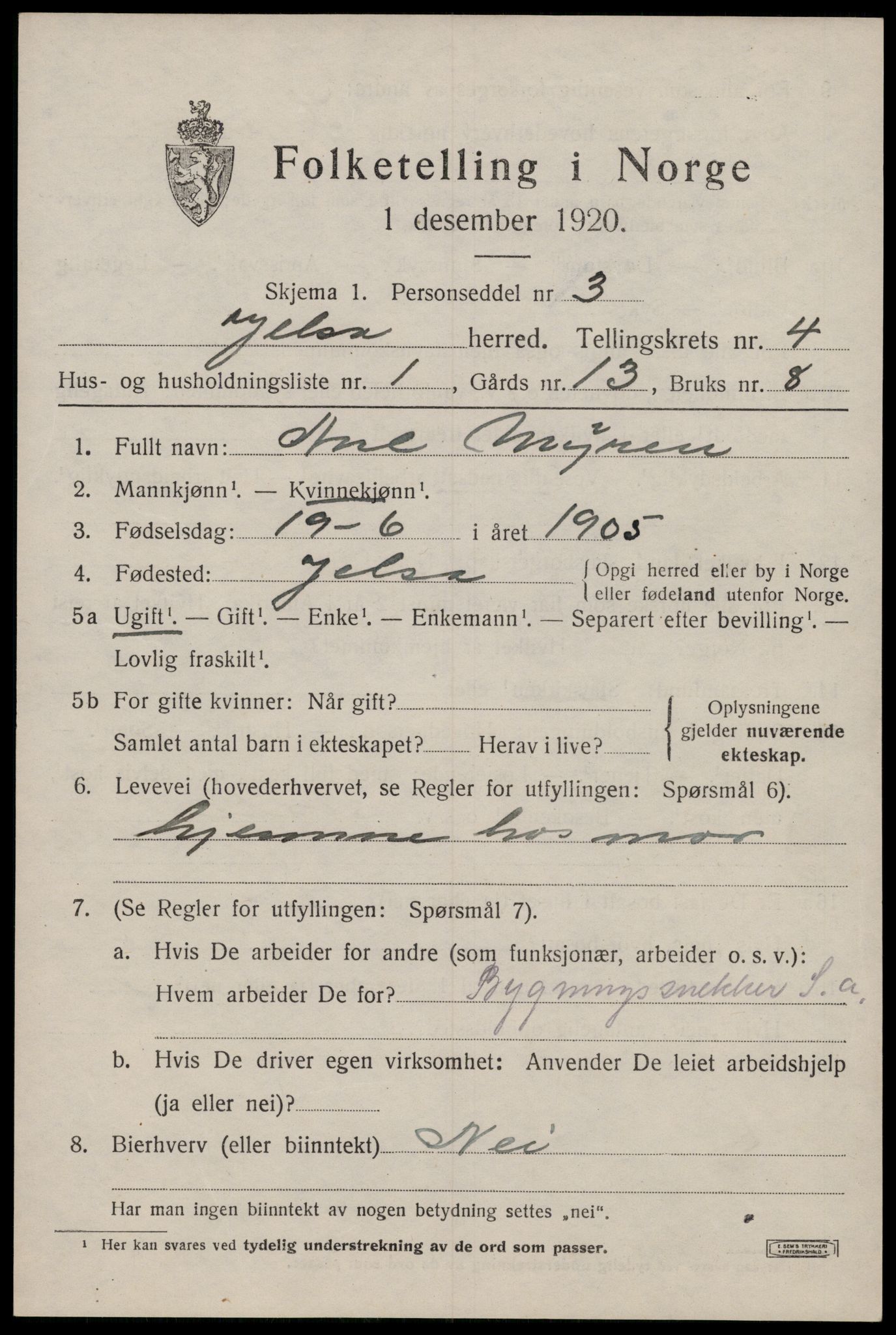 SAST, 1920 census for Jelsa, 1920, p. 1182