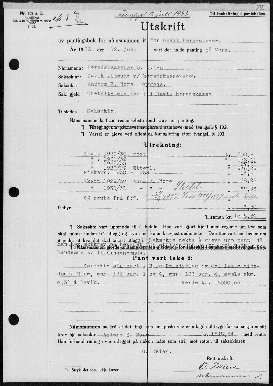 Nordfjord sorenskriveri, AV/SAB-A-2801/02/02b/02ba/L0077: Mortgage book no. II.B.a.77, 1933-1934, Deed date: 12.07.1933