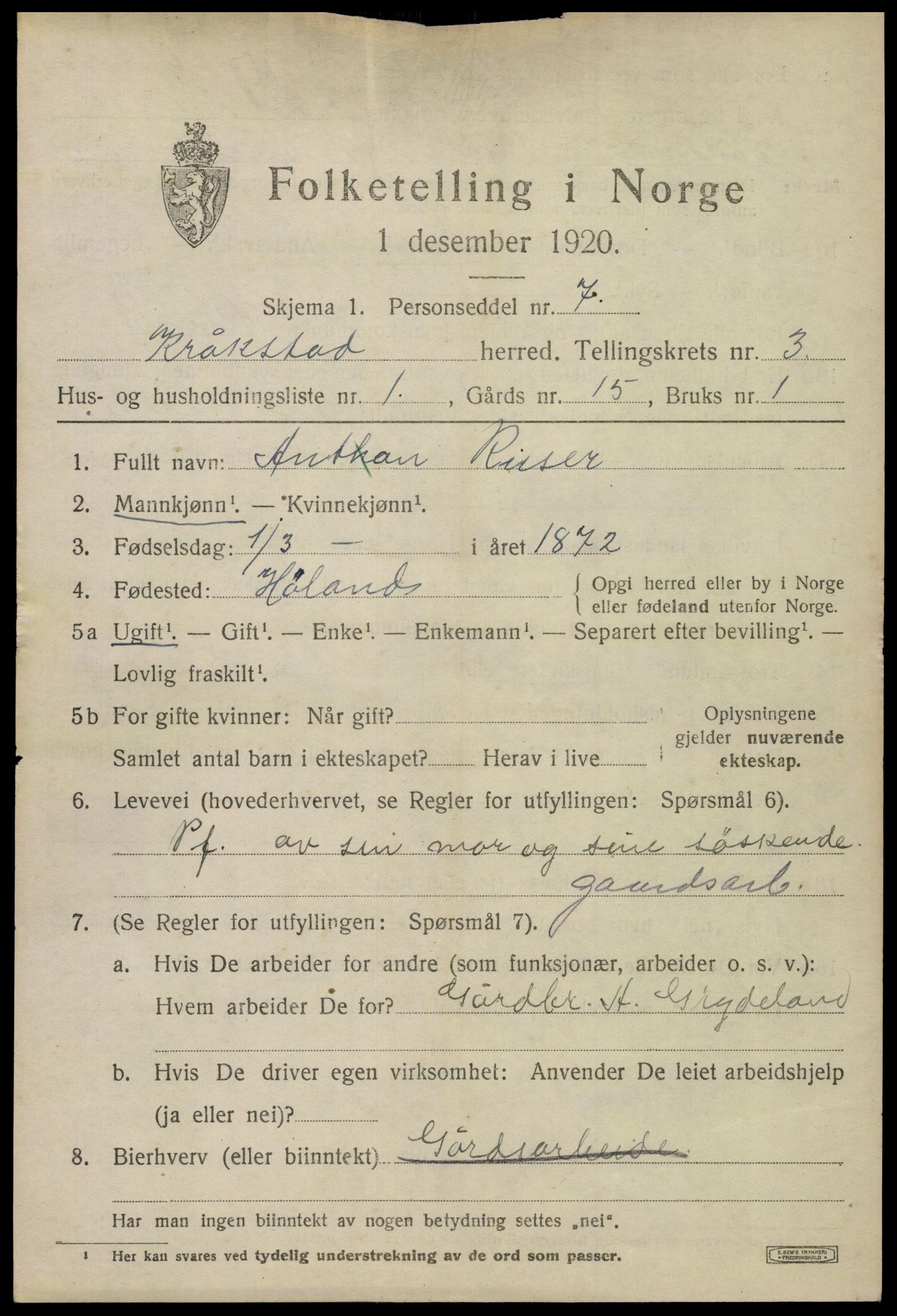 SAO, 1920 census for Kråkstad, 1920, p. 3369