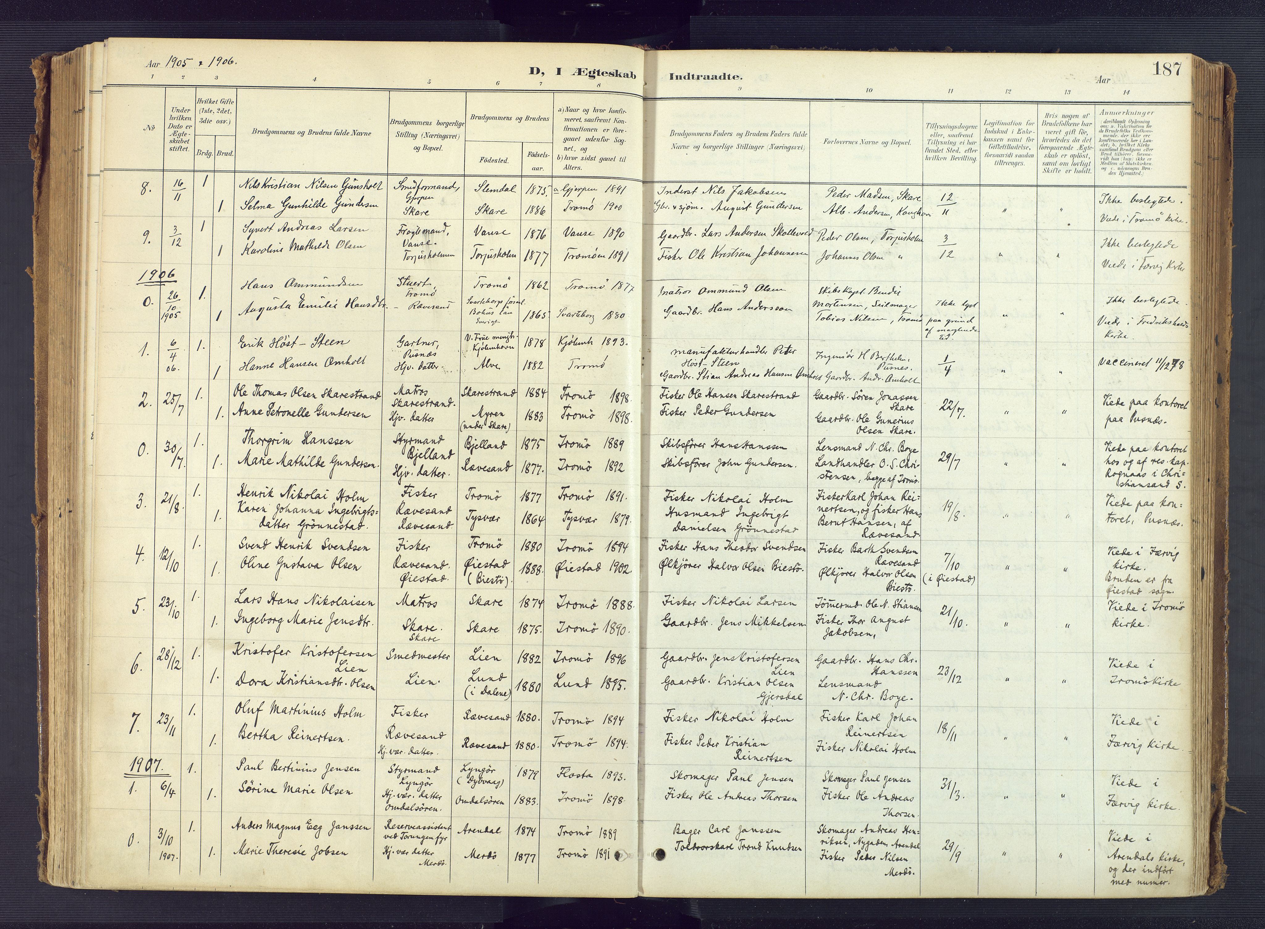 Tromøy sokneprestkontor, AV/SAK-1111-0041/F/Fa/L0010: Parish register (official) no. A 10, 1896-1912, p. 187