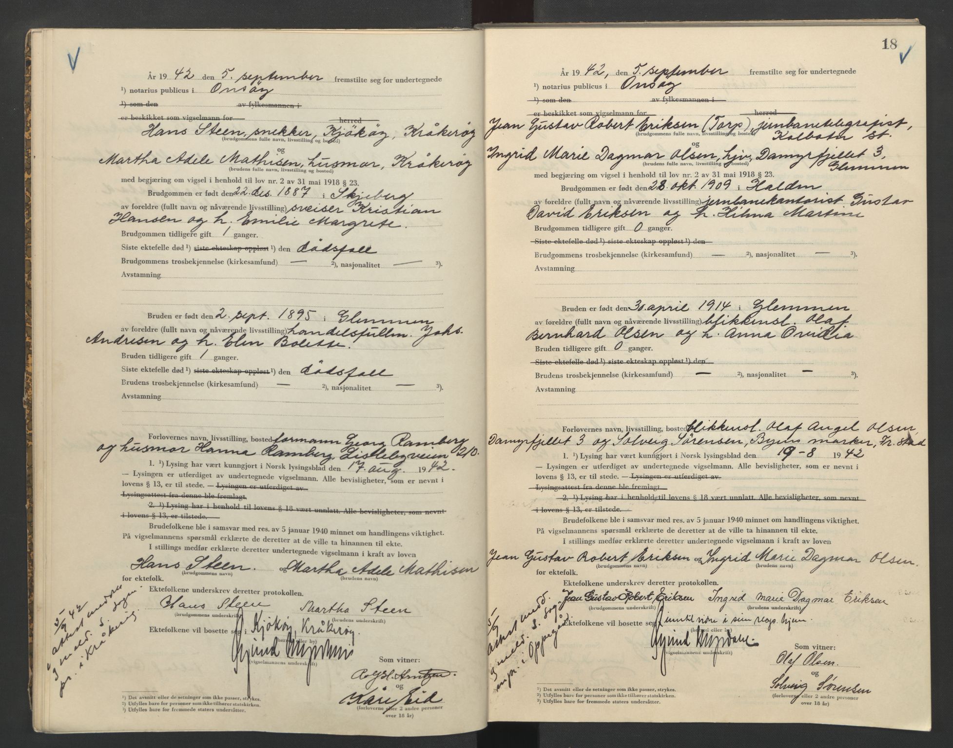 Onsøy sorenskriveri, AV/SAO-A-10474/L/La/L0002: Vigselsbok, 1942-1943, p. 18
