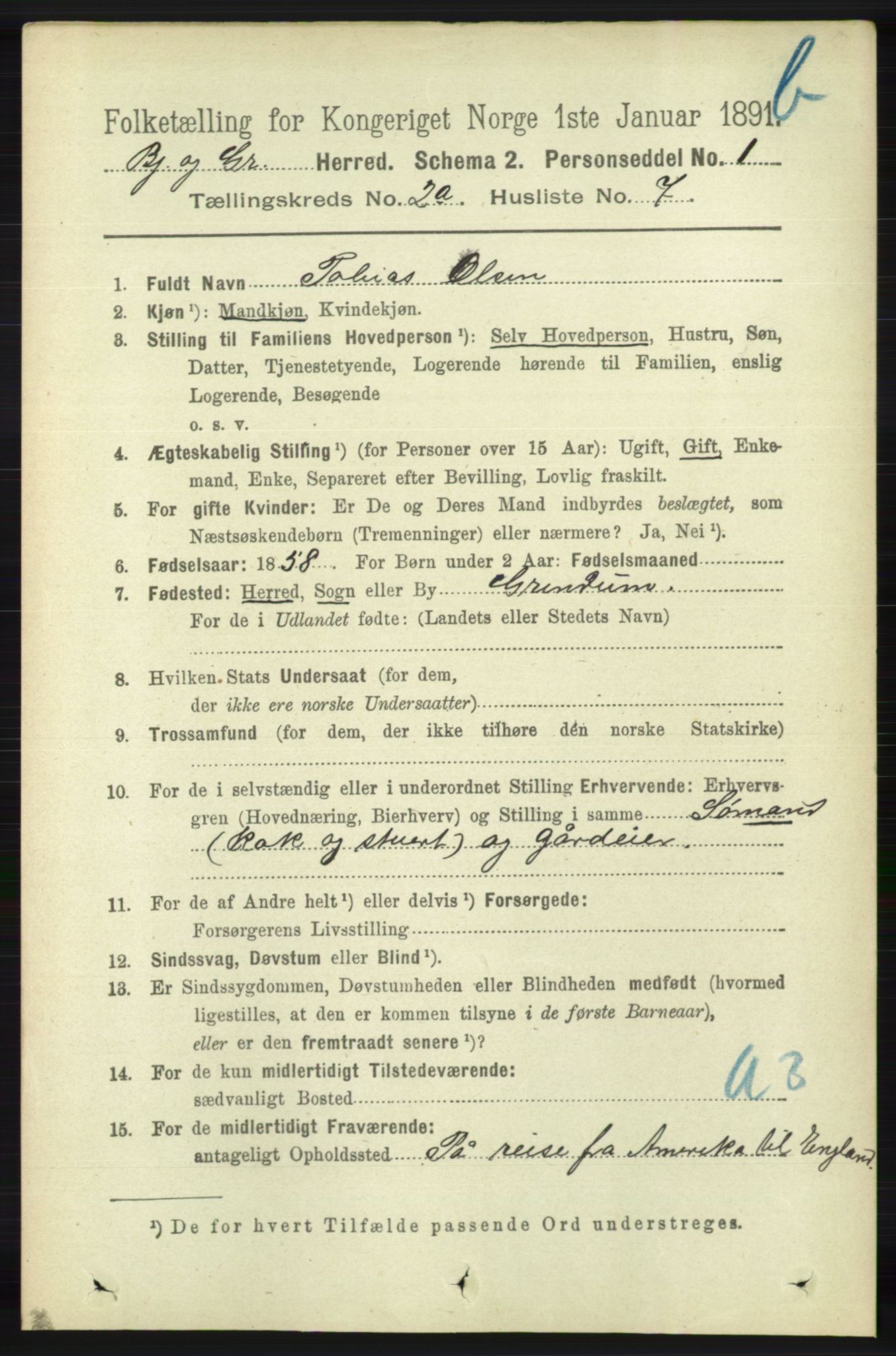 RA, 1891 census for 1024 Bjelland og Grindheim, 1891, p. 345