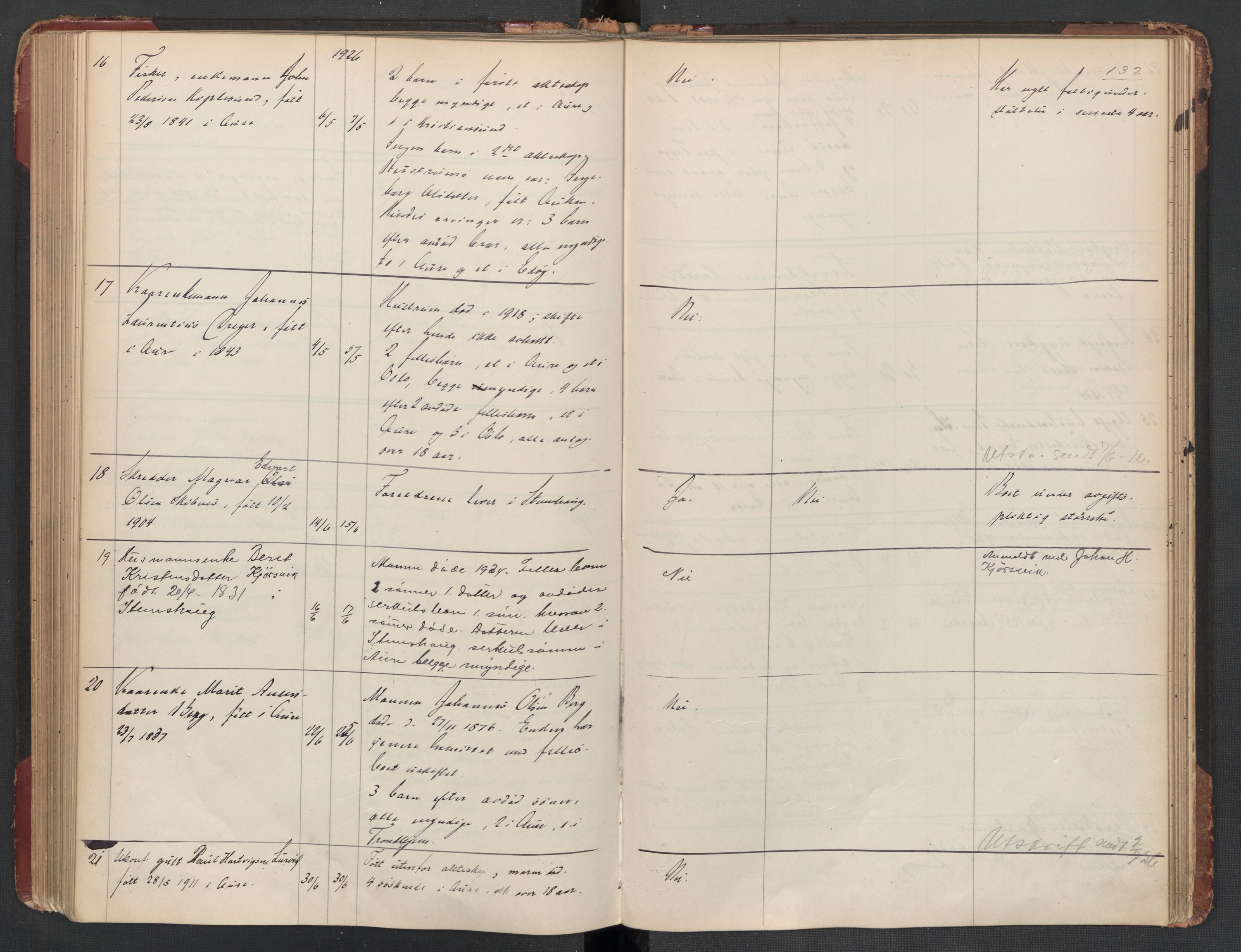 Aure lensmannskontor, SAT/A-1088/1/02/L0003: 2.01.03 Dødsfallsprotokoll, 1906-1926, p. 132