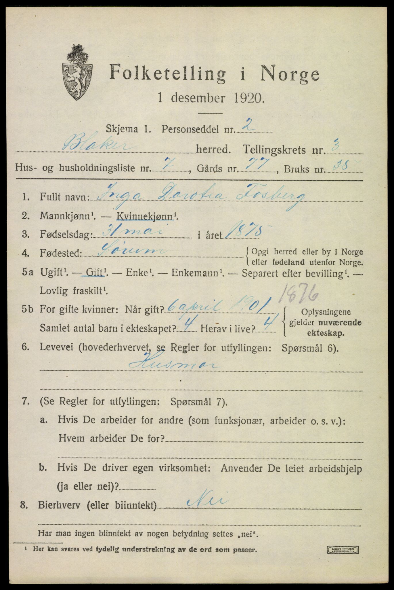 SAO, 1920 census for Blaker, 1920, p. 2321