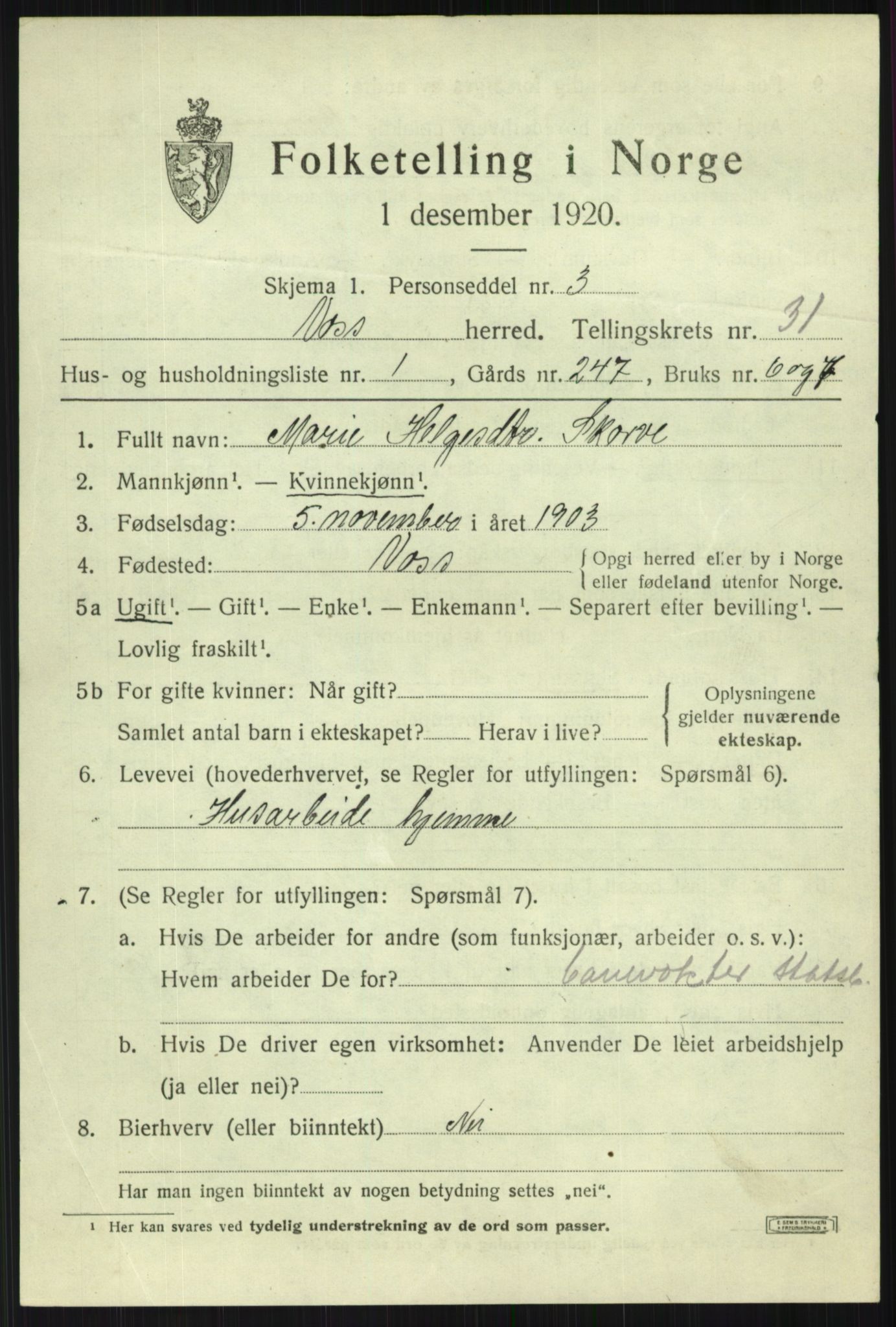 SAB, 1920 census for Voss, 1920, p. 19923