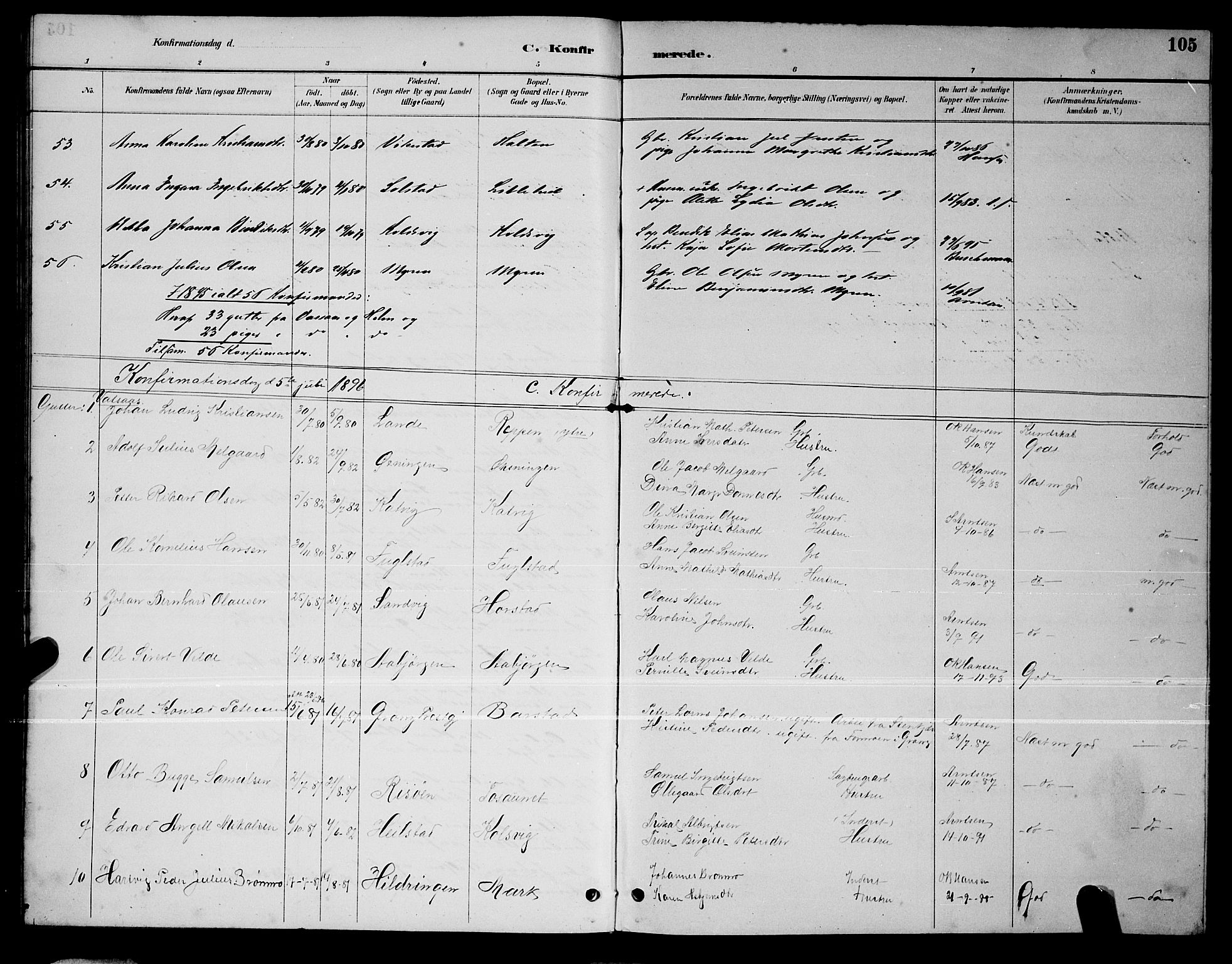 Ministerialprotokoller, klokkerbøker og fødselsregistre - Nordland, SAT/A-1459/810/L0160: Parish register (copy) no. 810C03, 1884-1896, p. 105