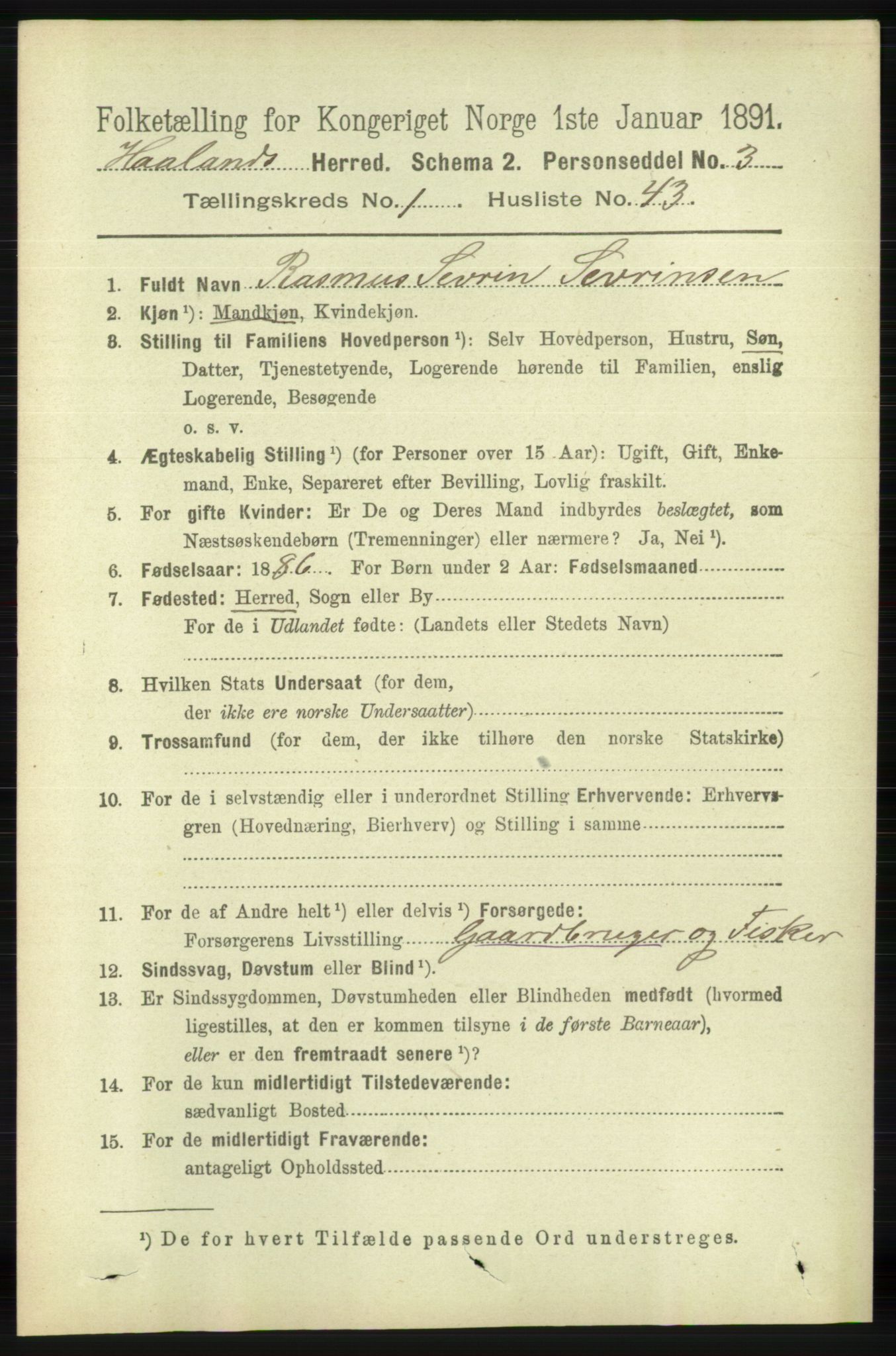 RA, 1891 census for 1124 Haaland, 1891, p. 435