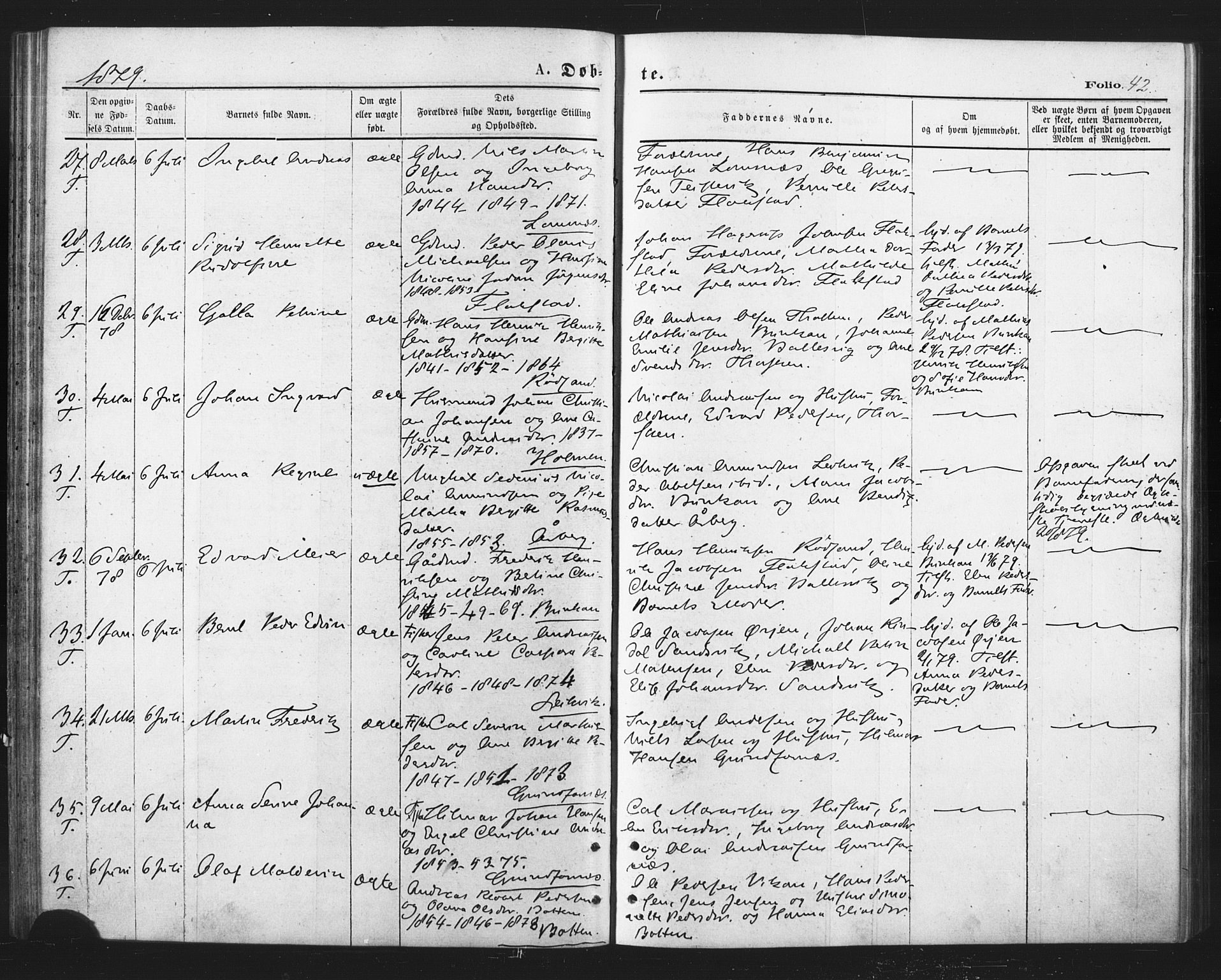 Berg sokneprestkontor, SATØ/S-1318/G/Ga/Gaa/L0003kirke: Parish register (official) no. 3, 1872-1879, p. 42