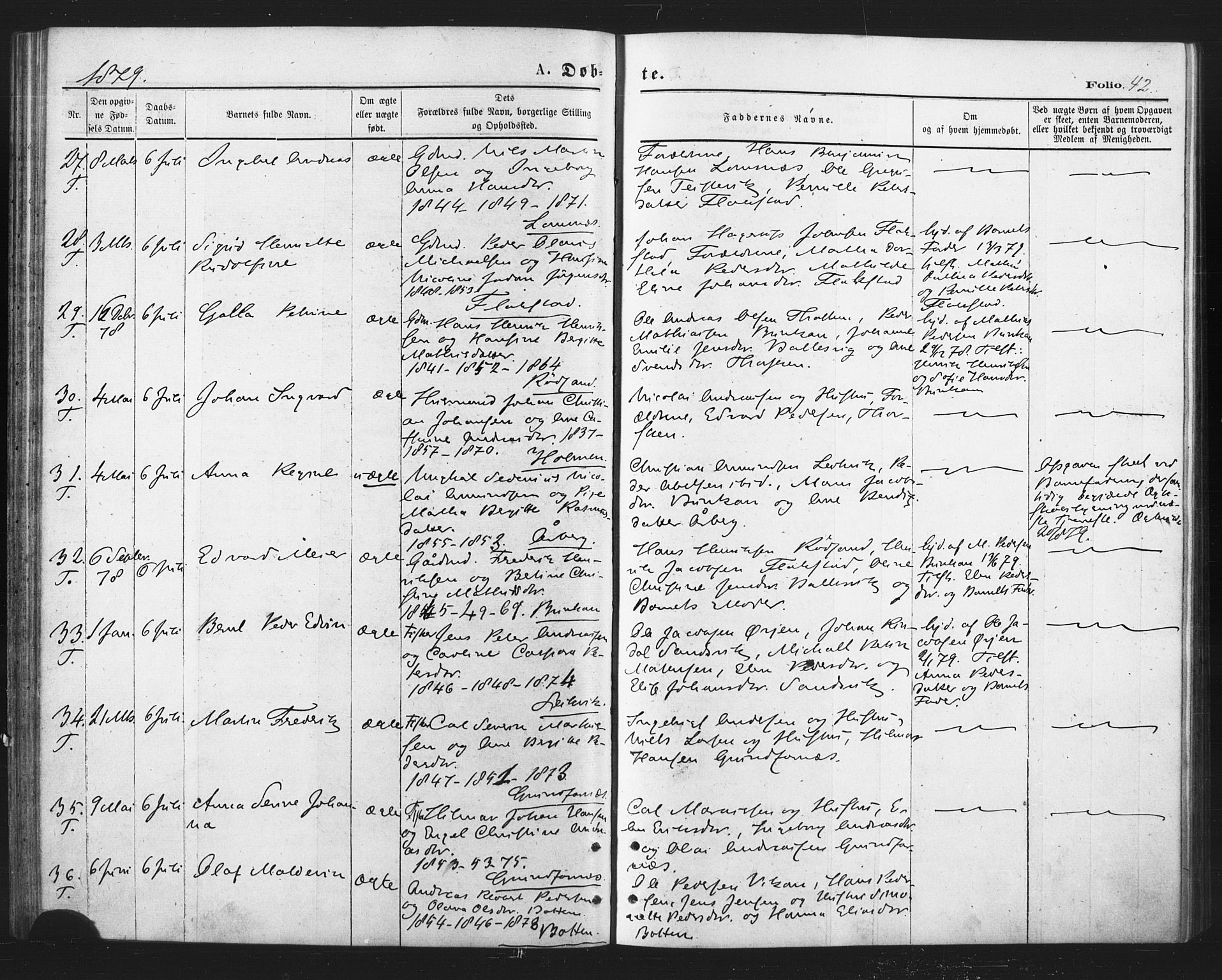 Berg sokneprestkontor, AV/SATØ-S-1318/G/Ga/Gaa/L0003kirke: Parish register (official) no. 3, 1872-1879, p. 42