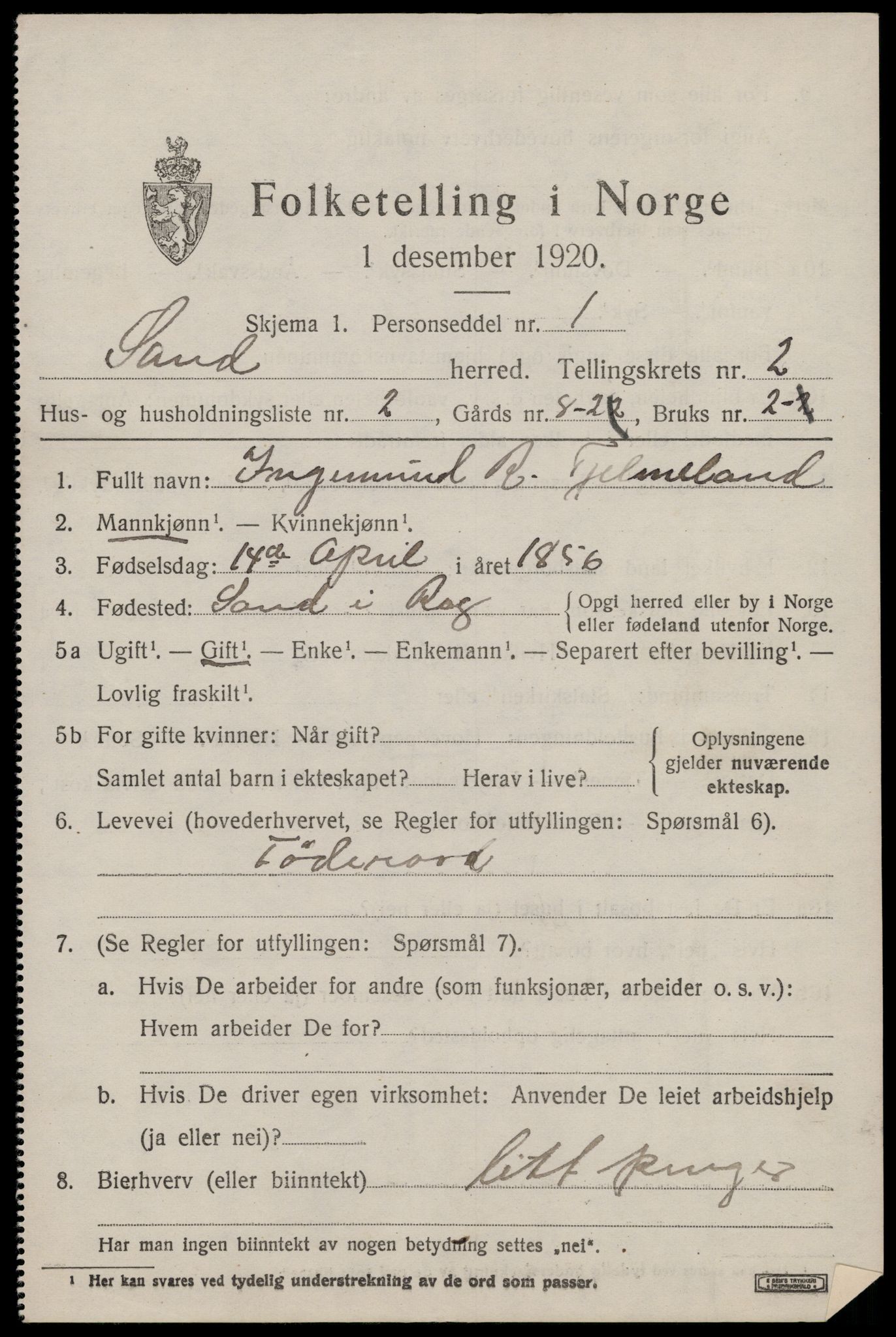 SAST, 1920 census for Sand, 1920, p. 799