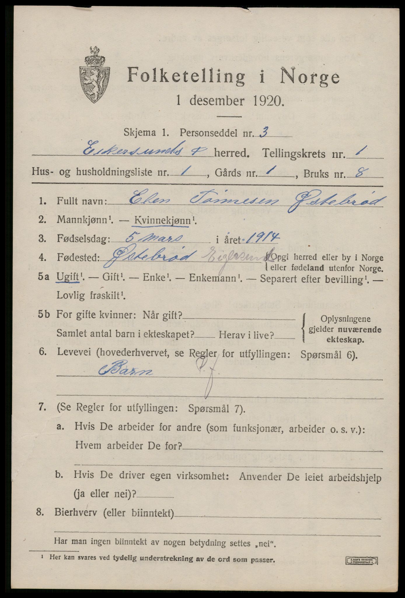 SAST, 1920 census for Eigersund, 1920, p. 1165