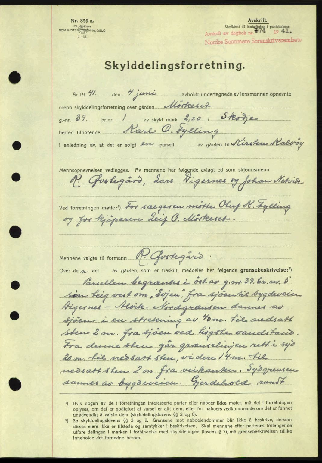 Nordre Sunnmøre sorenskriveri, AV/SAT-A-0006/1/2/2C/2Ca: Mortgage book no. A11, 1941-1941, Diary no: : 774/1941