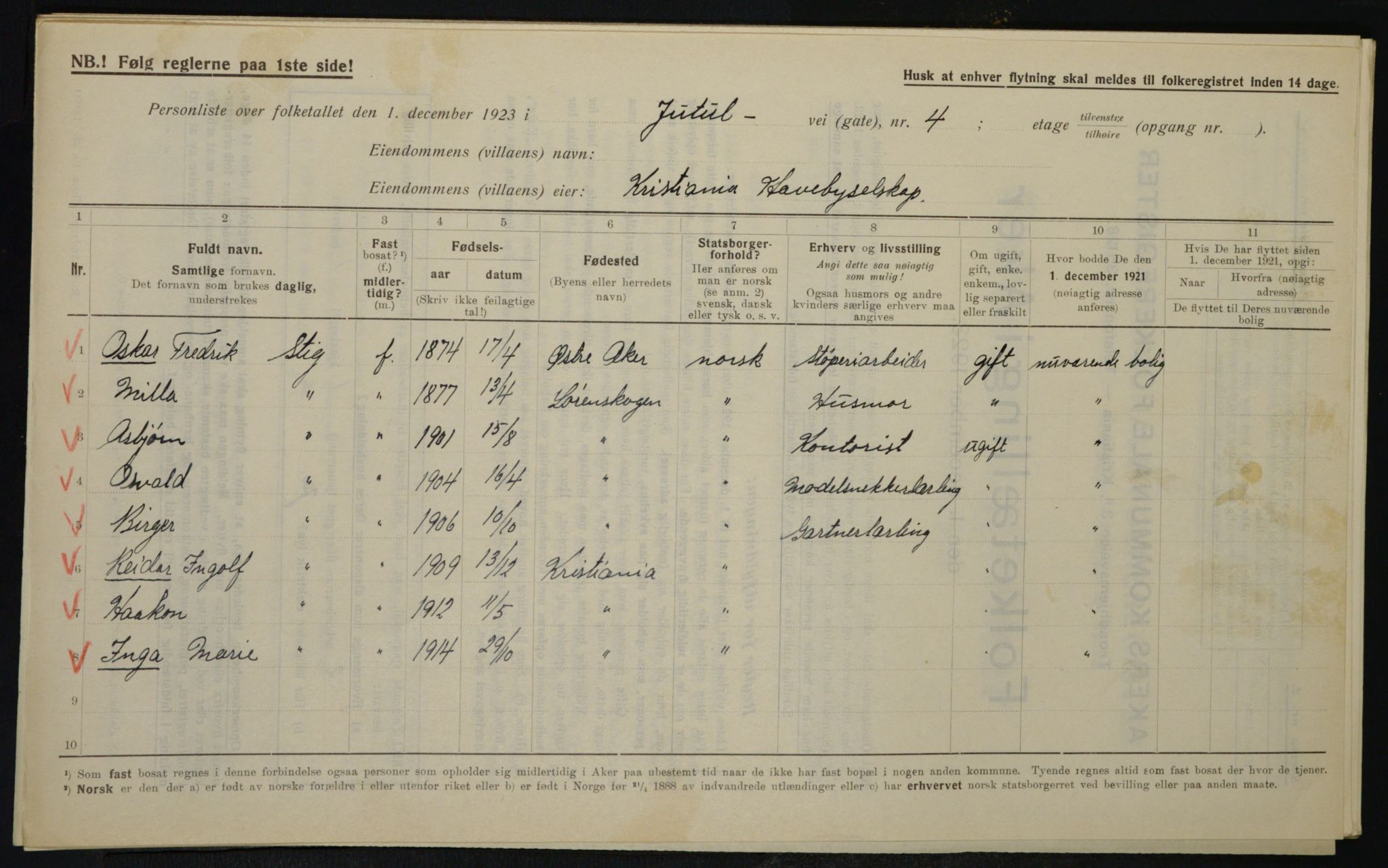 , Municipal Census 1923 for Aker, 1923, p. 21052