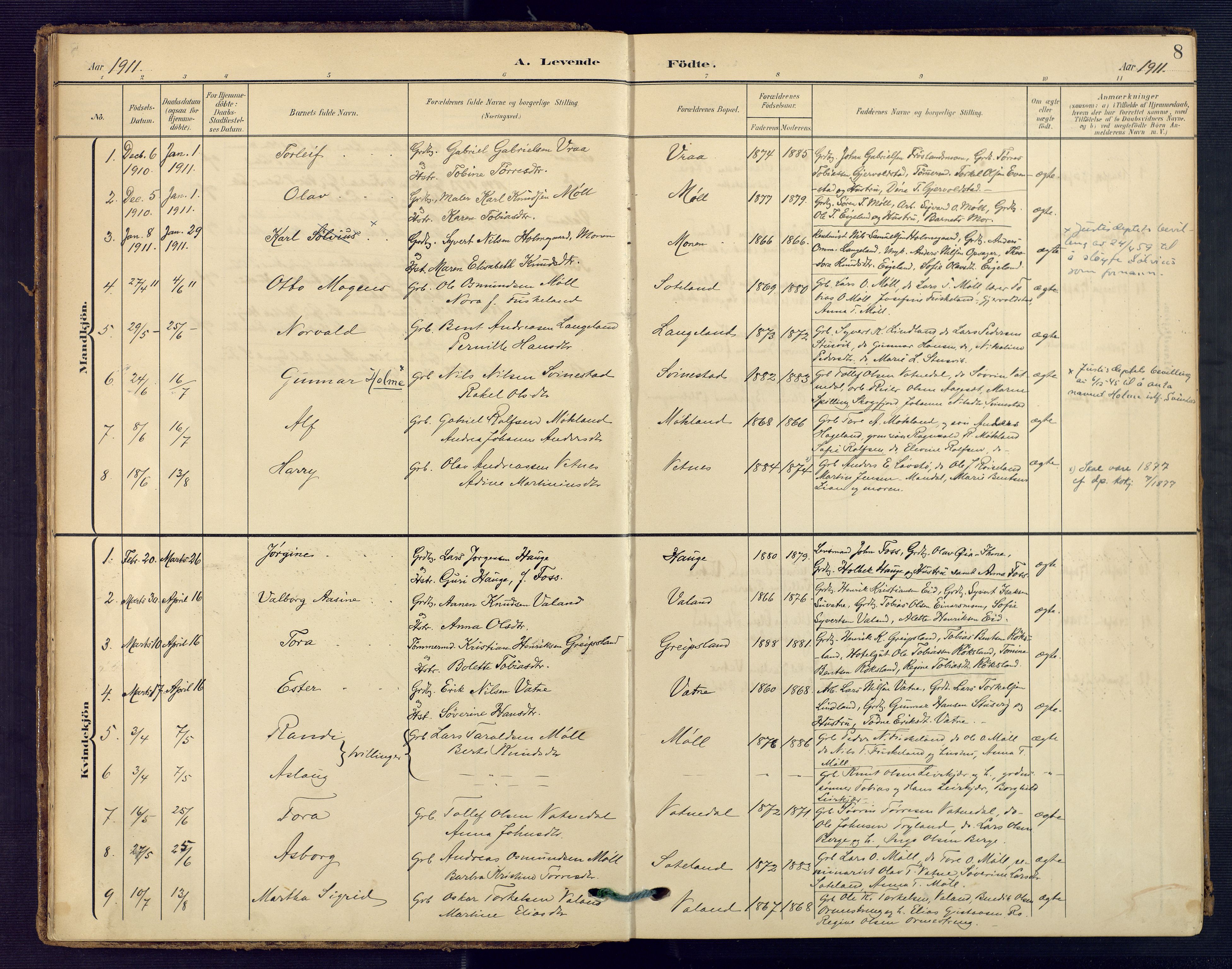 Holum sokneprestkontor, SAK/1111-0022/F/Fa/Faa/L0008: Parish register (official) no. A 8, 1908-1929, p. 8