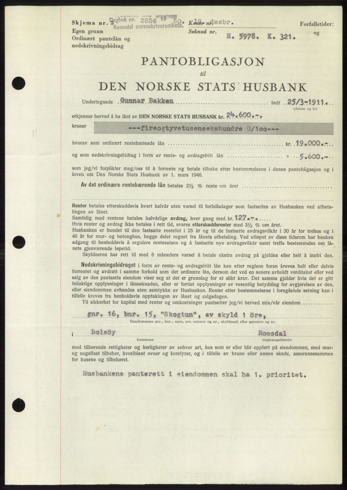 Romsdal sorenskriveri, AV/SAT-A-4149/1/2/2C: Mortgage book no. B5, 1949-1950, Diary no: : 3856/1950