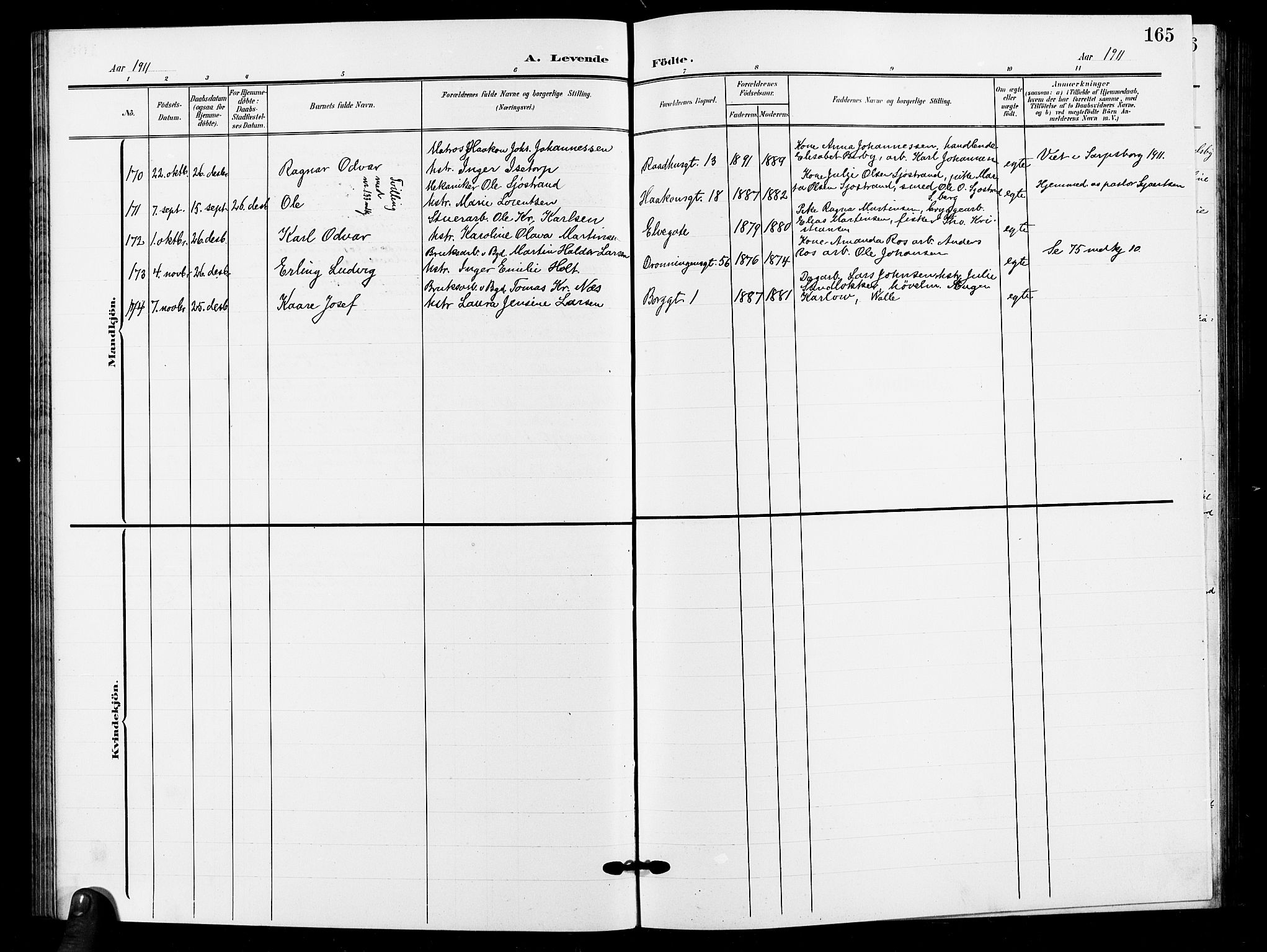 Sarpsborg prestekontor Kirkebøker, AV/SAO-A-2006/G/Ga/L0001: Parish register (copy) no. 1, 1902-1911, p. 165