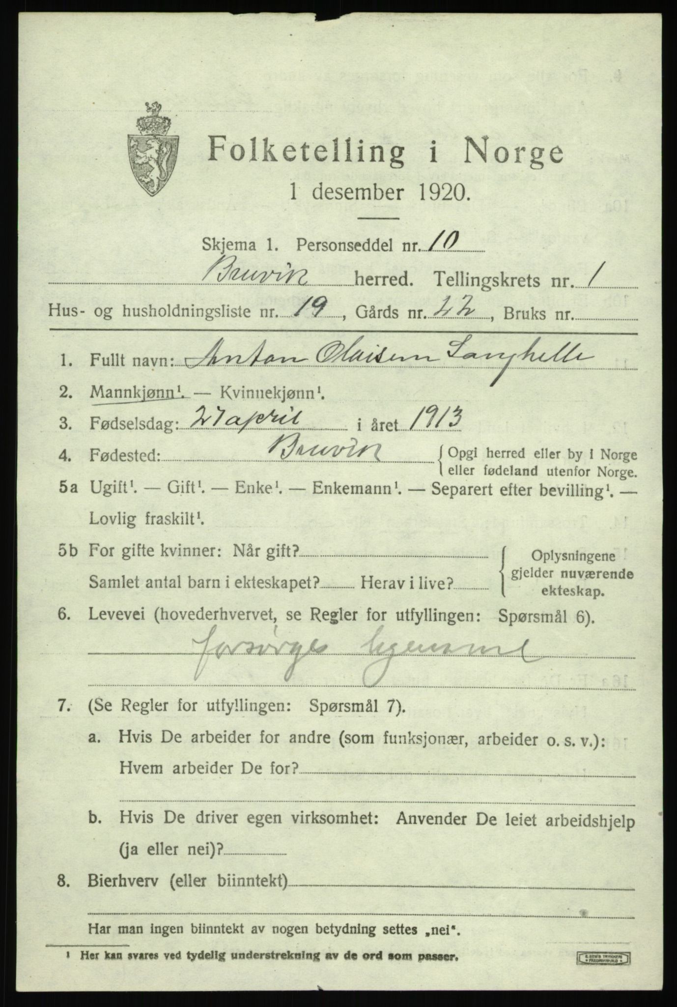 SAB, 1920 census for Bruvik, 1920, p. 1354