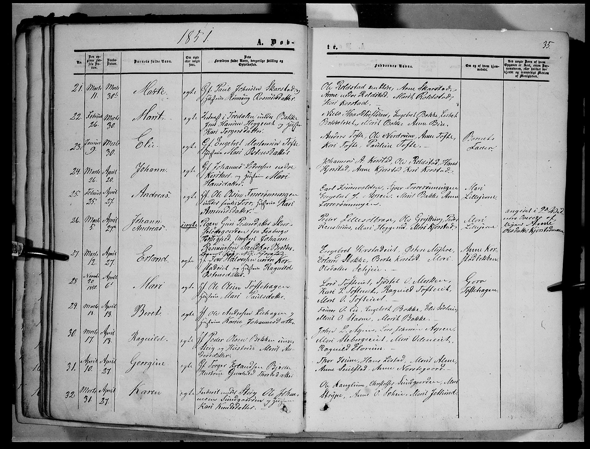 Sør-Fron prestekontor, AV/SAH-PREST-010/H/Ha/Haa/L0001: Parish register (official) no. 1, 1849-1863, p. 35