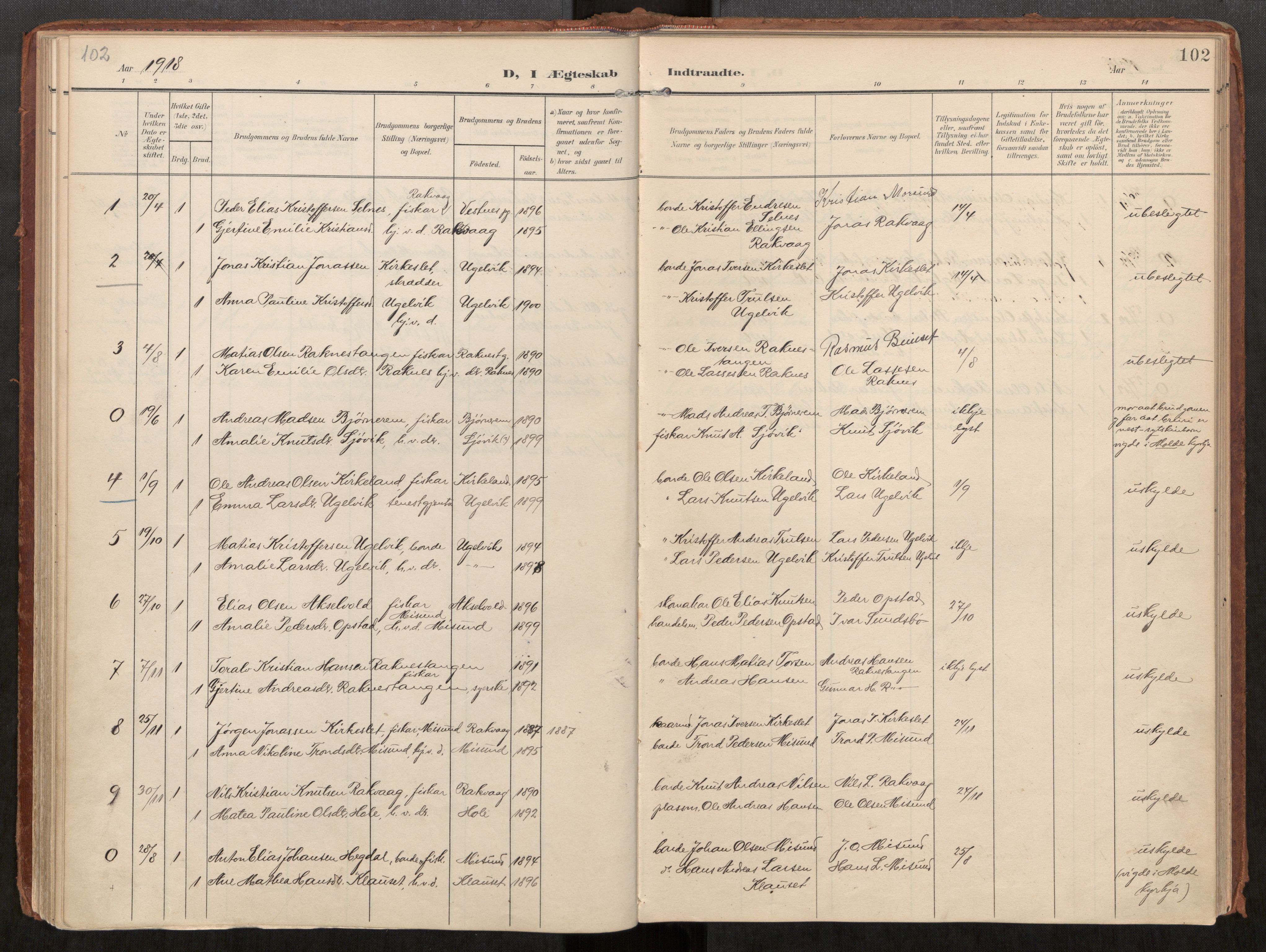 Ministerialprotokoller, klokkerbøker og fødselsregistre - Møre og Romsdal, AV/SAT-A-1454/563/L0740: Parish register (official) no. 563A02, 1903-1923, p. 102