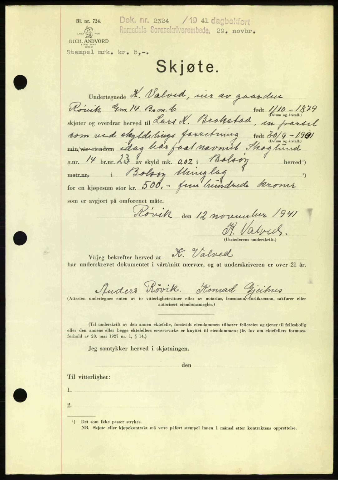 Romsdal sorenskriveri, AV/SAT-A-4149/1/2/2C: Mortgage book no. A11, 1941-1942, Diary no: : 2324/1941