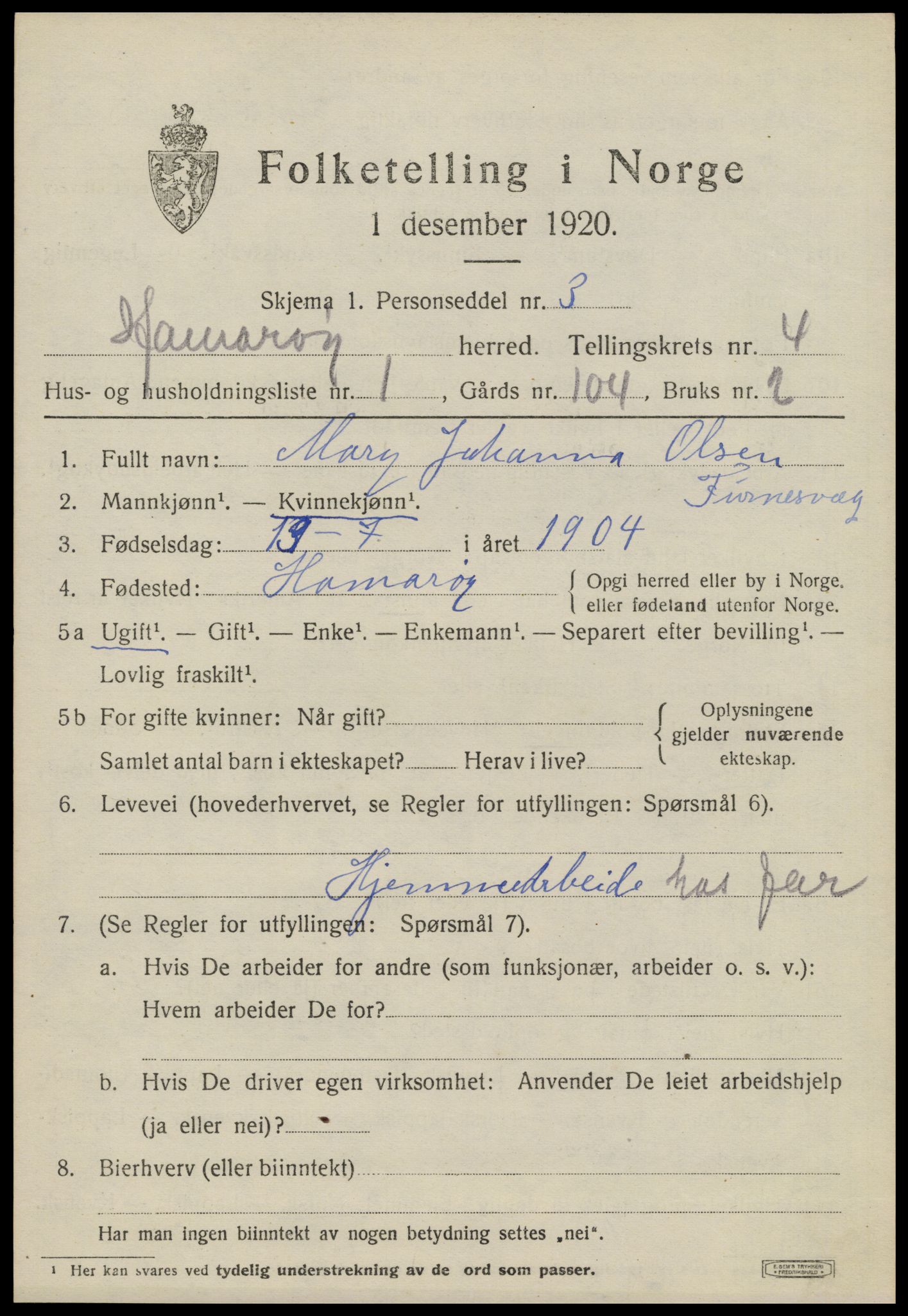 SAT, 1920 census for Hamarøy, 1920, p. 2322