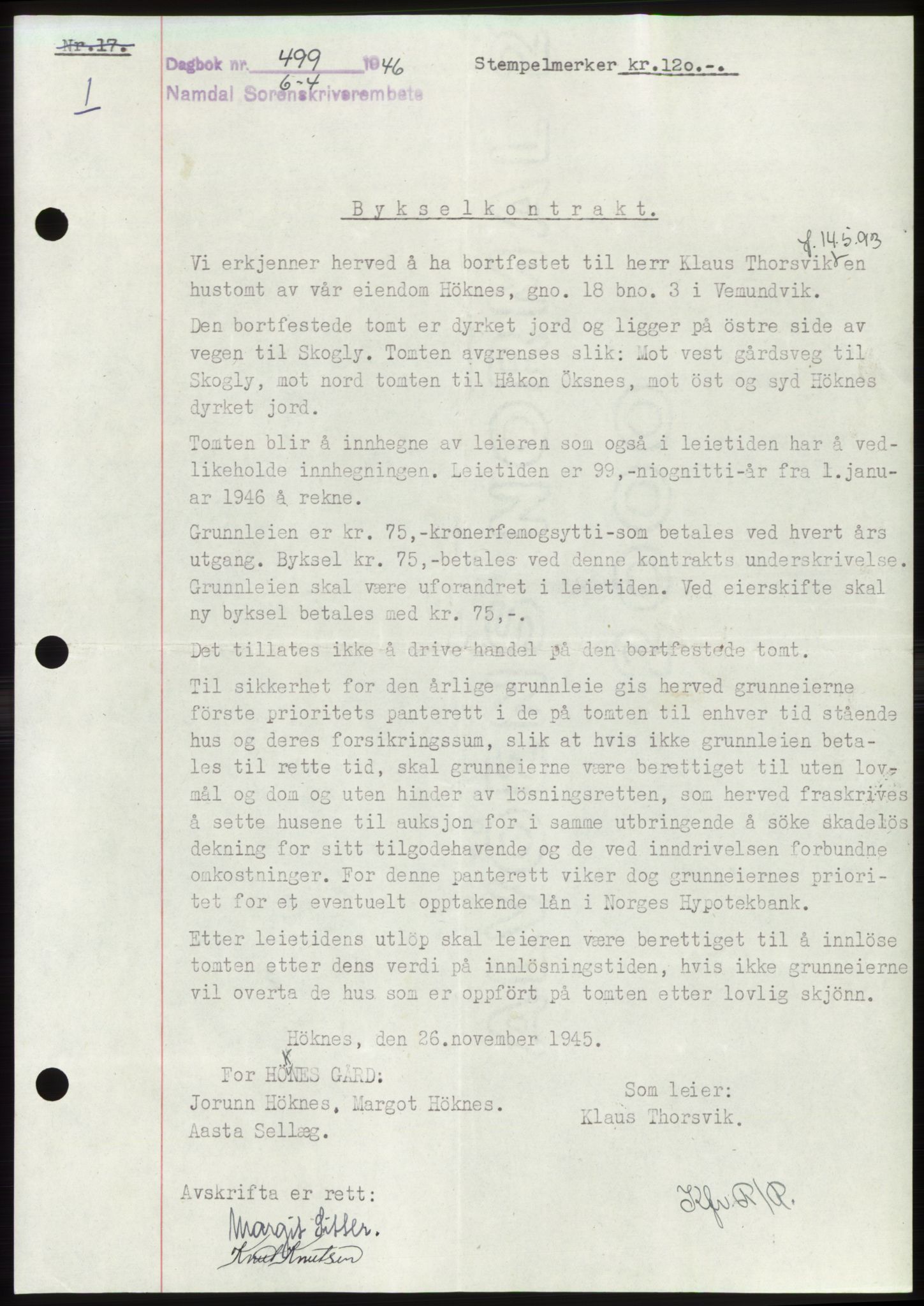 Namdal sorenskriveri, AV/SAT-A-4133/1/2/2C: Mortgage book no. -, 1946-1946, Diary no: : 499/1946
