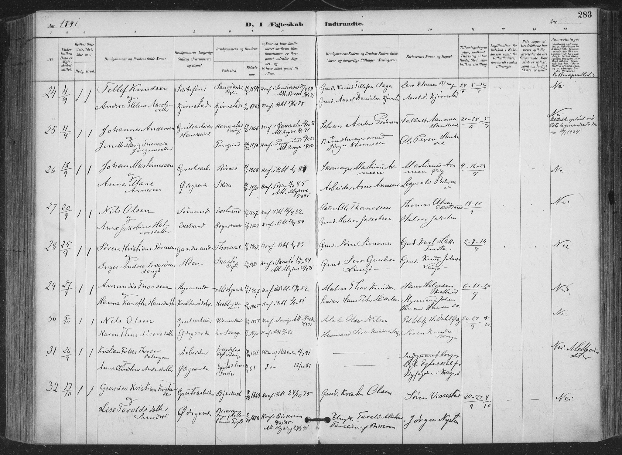 Bamble kirkebøker, AV/SAKO-A-253/F/Fa/L0008: Parish register (official) no. I 8, 1888-1900, p. 283