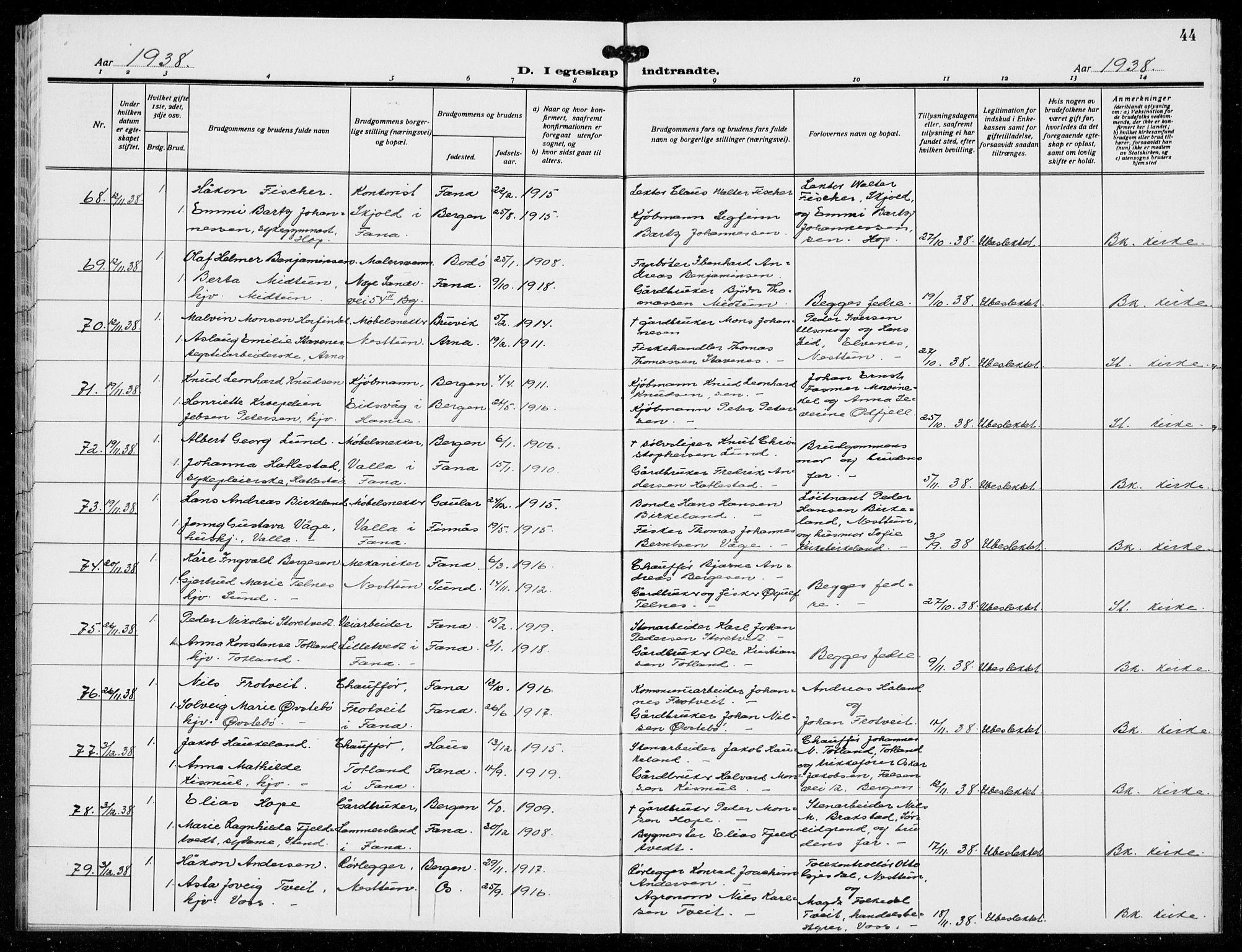 Birkeland Sokneprestembete, AV/SAB-A-74601/H/Hab: Parish register (copy) no. A 11, 1932-1939, p. 44