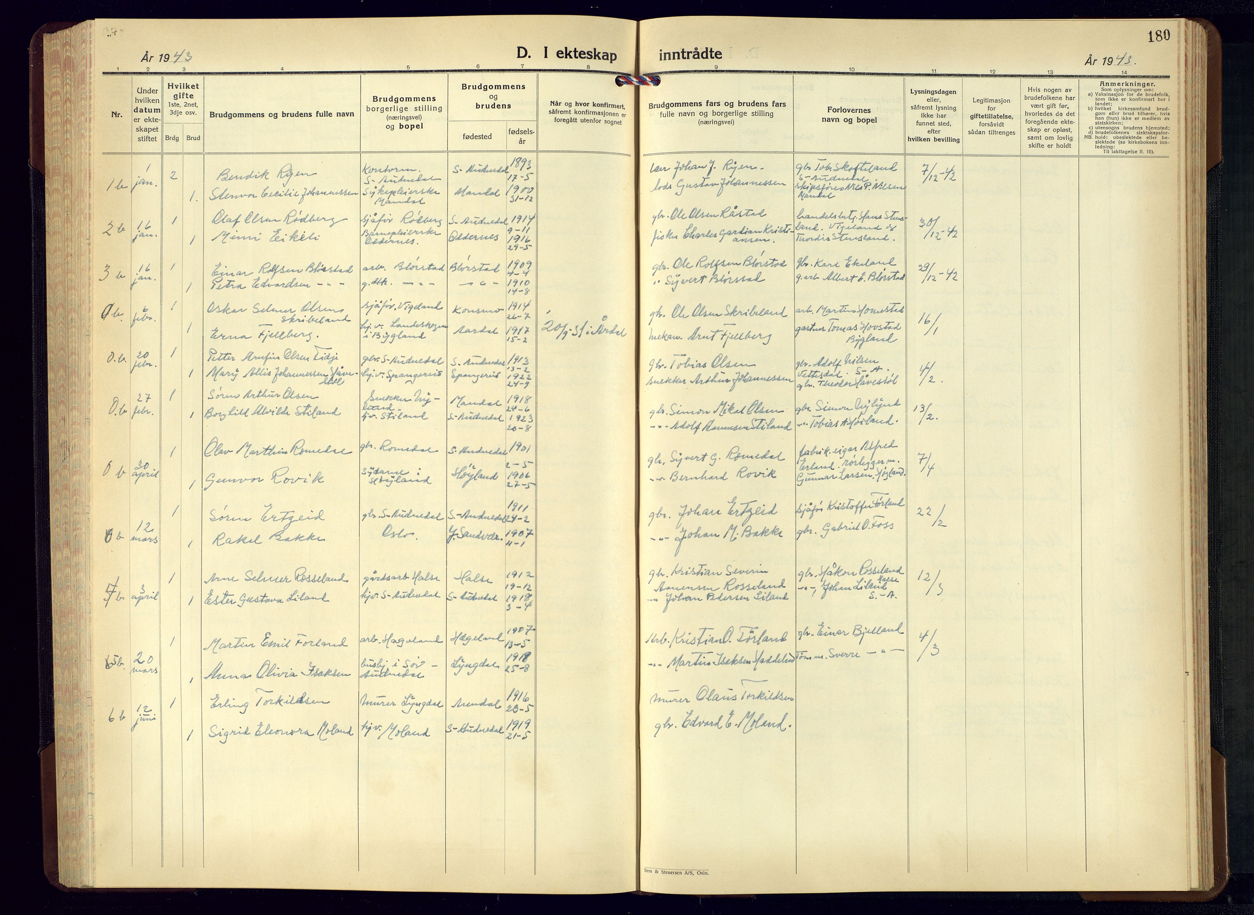 Sør-Audnedal sokneprestkontor, SAK/1111-0039/F/Fb/Fbb/L0007: Parish register (copy) no. B-7, 1939-1965, p. 180