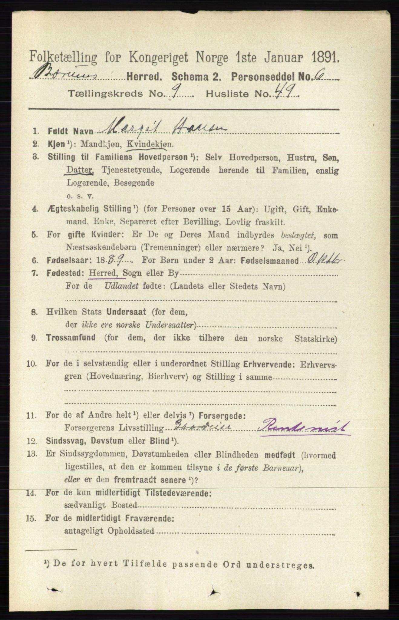 RA, 1891 census for 0219 Bærum, 1891, p. 5640