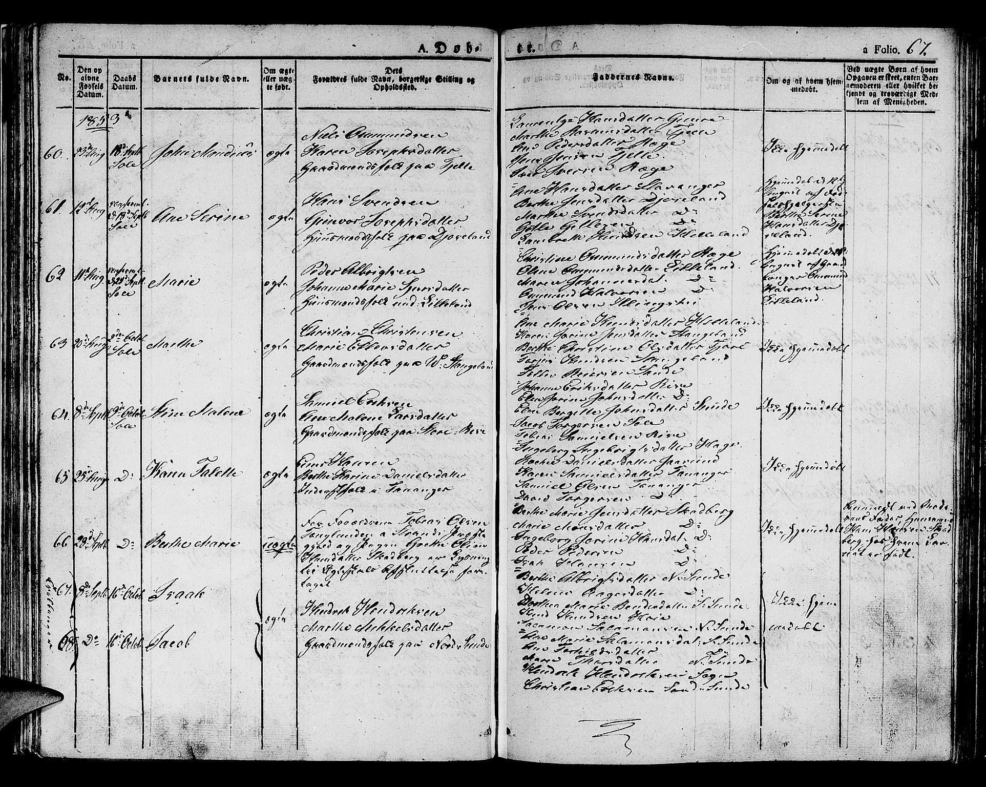 Håland sokneprestkontor, AV/SAST-A-101802/001/30BA/L0005: Parish register (official) no. A 5, 1829-1841, p. 67