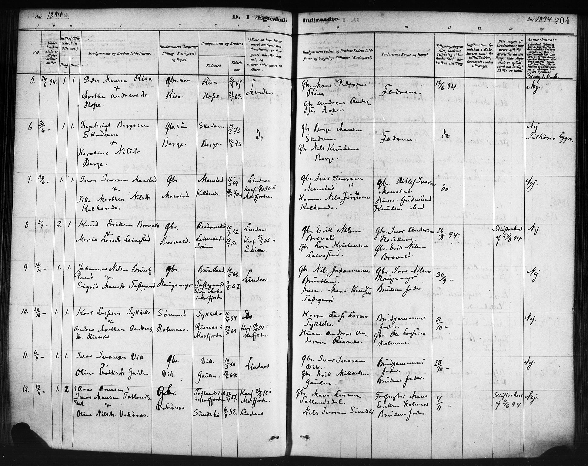 Lindås Sokneprestembete, AV/SAB-A-76701/H/Haa/Haaa/L0019: Parish register (official) no. A 19, 1878-1912, p. 204
