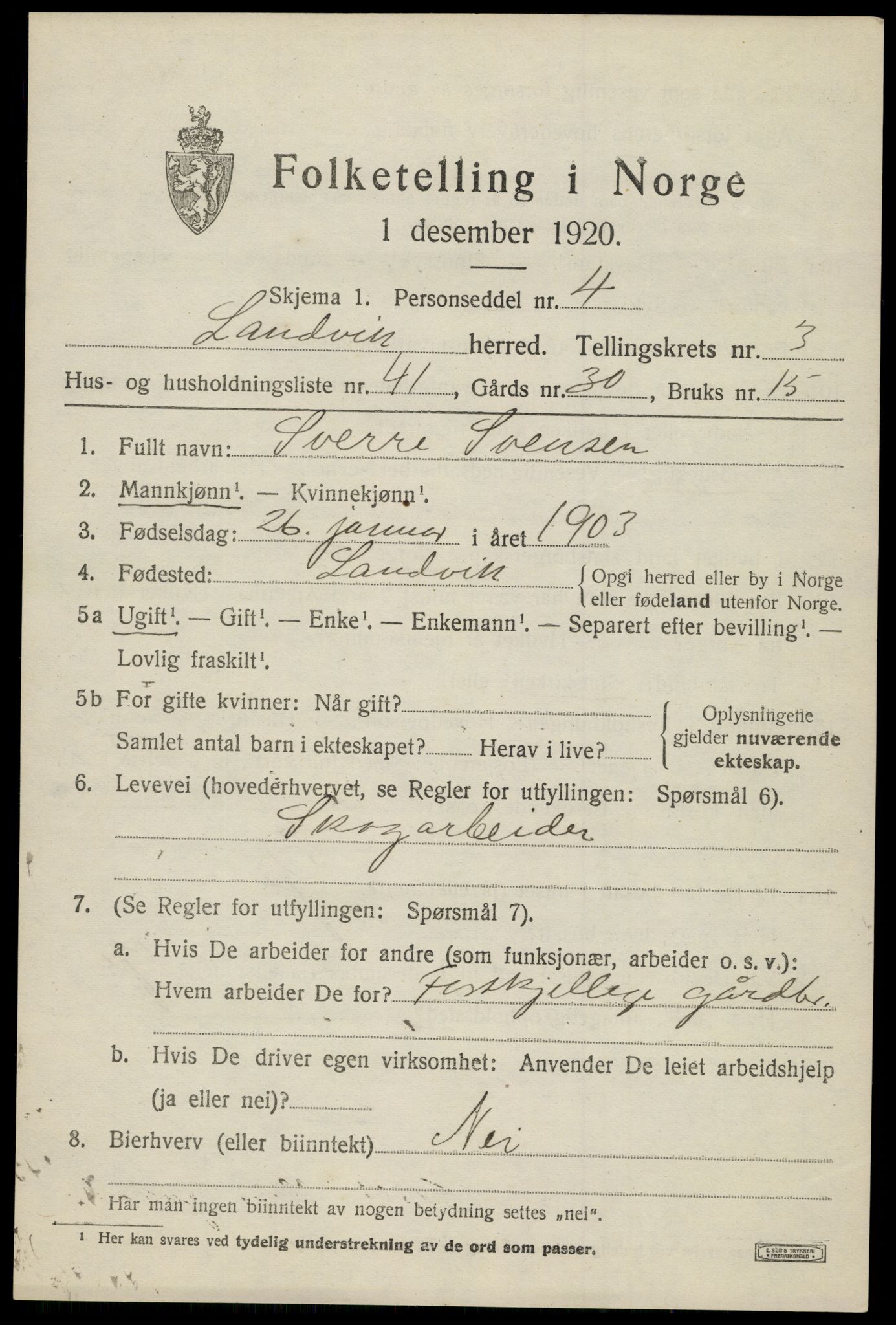 SAK, 1920 census for Landvik, 1920, p. 3296